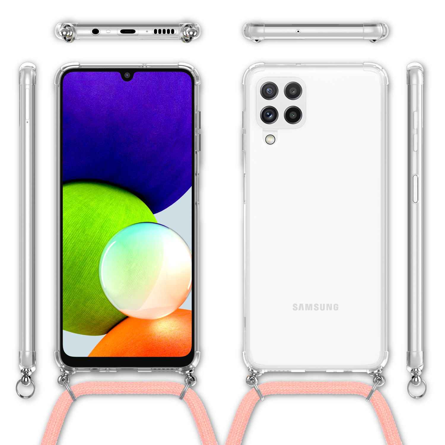 NALIA Handyhülle mit Kette für Samsung Galaxy A22, Transparente Schutzhülle & Handy-Schnur, Robust Vergilbungsfrei Klar
