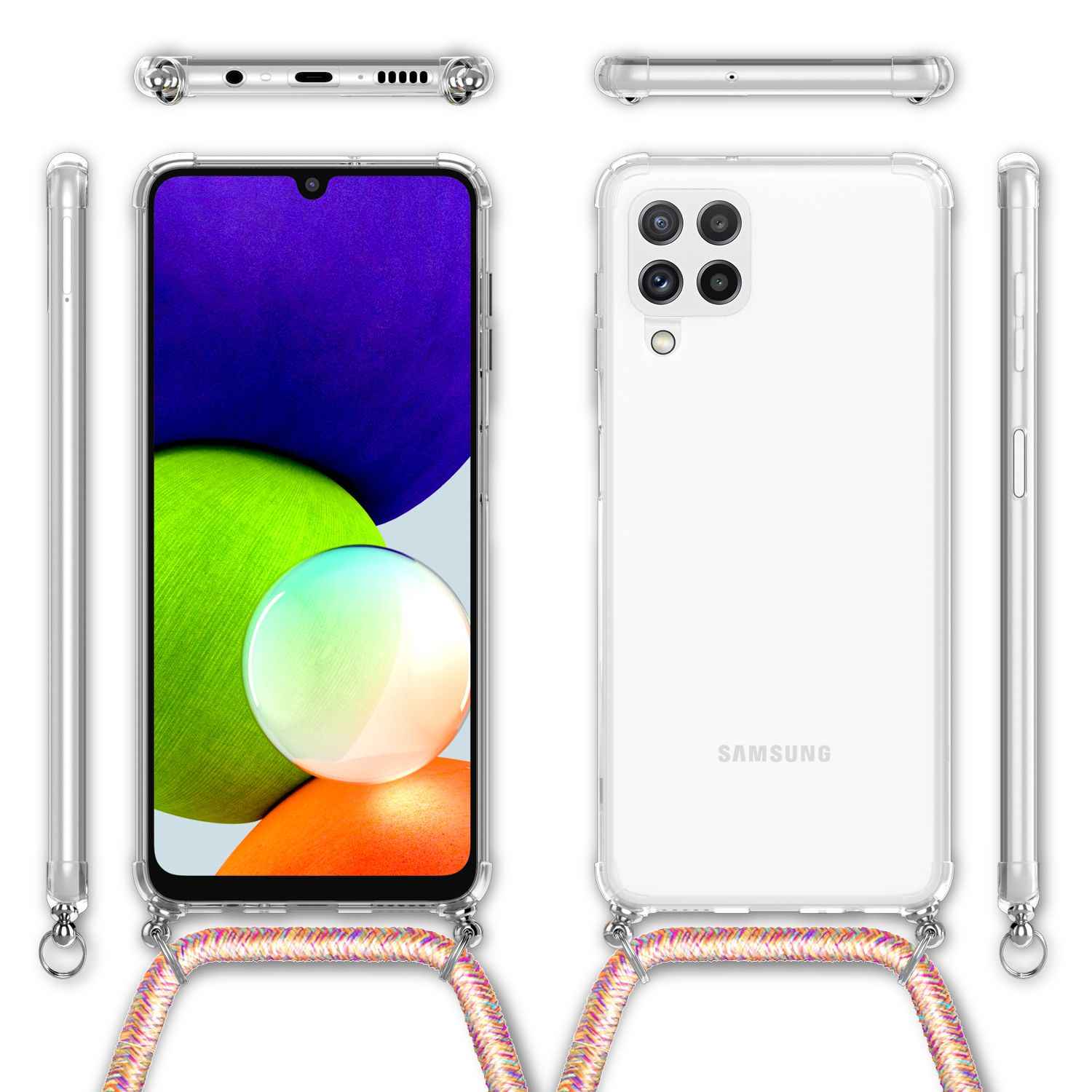 NALIA Handyhülle mit Kette für Samsung Galaxy A22, Transparente Schutzhülle & Handy-Schnur, Robust Vergilbungsfrei Klar