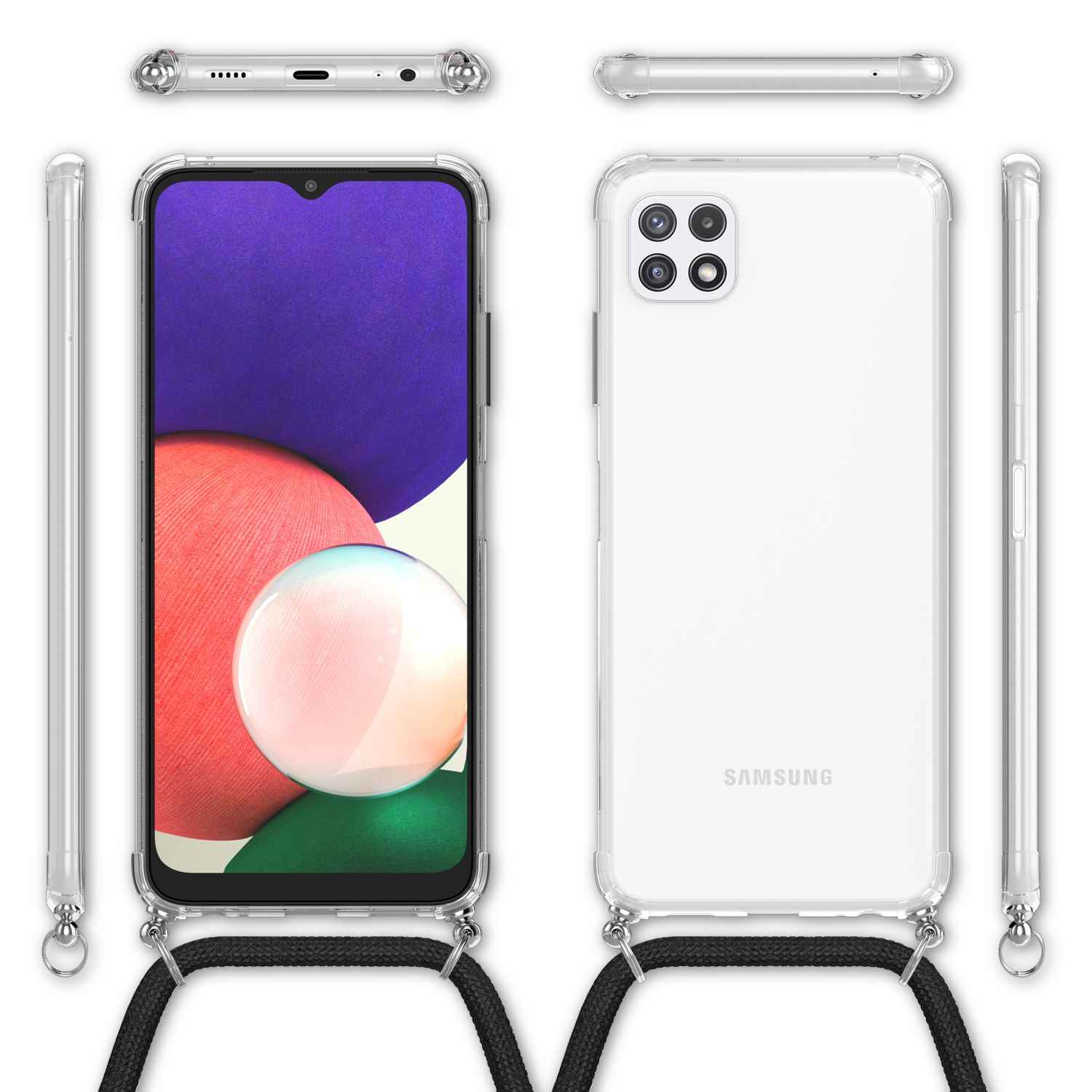 NALIA Handyhülle mit Kette für Samsung Galaxy A22 5G, Transparente Schutzhülle & Handy-Schnur, Robust