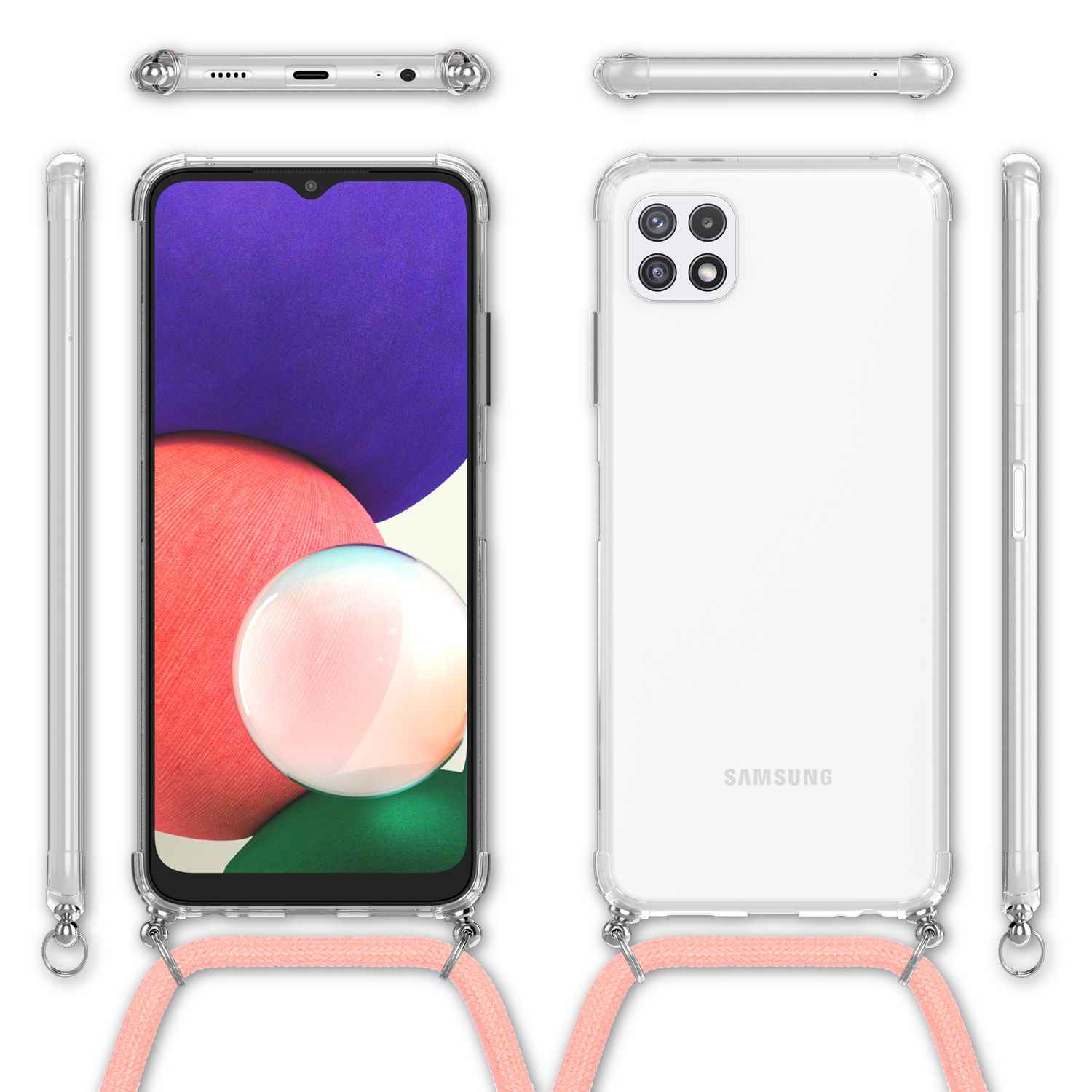 NALIA Handyhülle mit Kette für Samsung Galaxy A22 5G, Transparente Schutzhülle & Handy-Schnur, Robust
