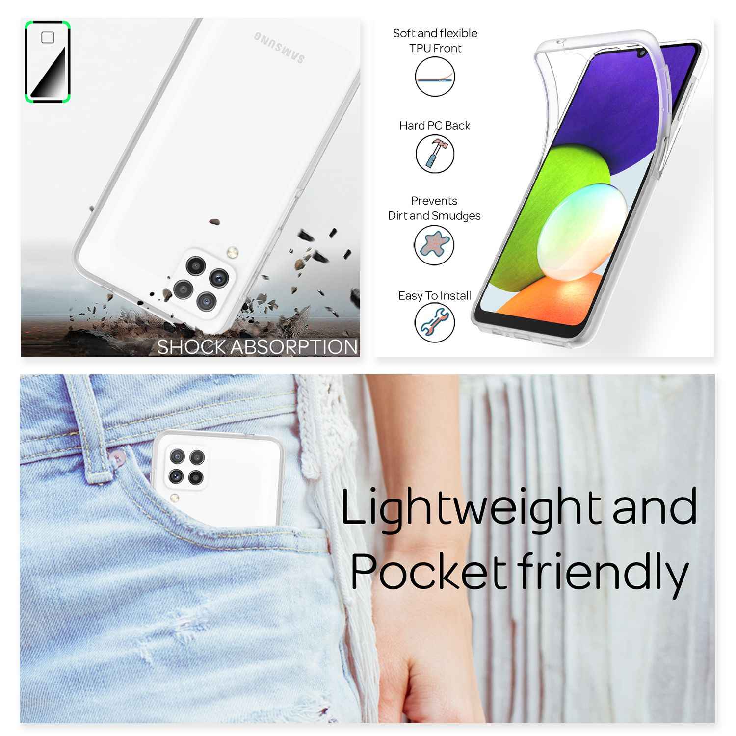 NALIA Klare 360° Schutzhülle für Samsung Galaxy A22, Komplettschutz Transparent Anti-Gelb Durchsichtig Robust