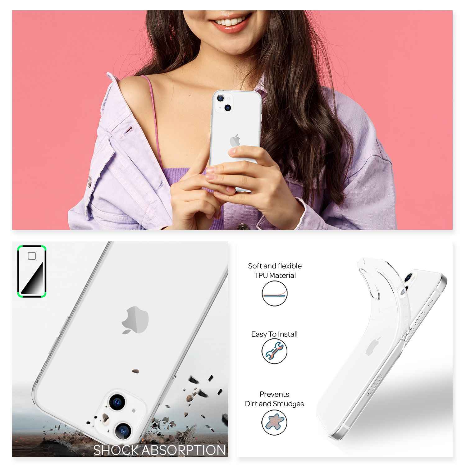 NALIA Silikon Handy Hülle für iPhone 13, Transparent Durchsichtig Cover Case