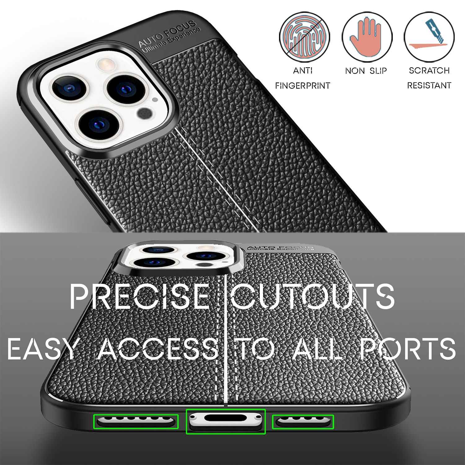 NALIA Leder Look Hülle für iPhone 13 Pro Max, Schwarze Silikonhülle Anti-Fingerabdruck Rutschfest Kratzfest