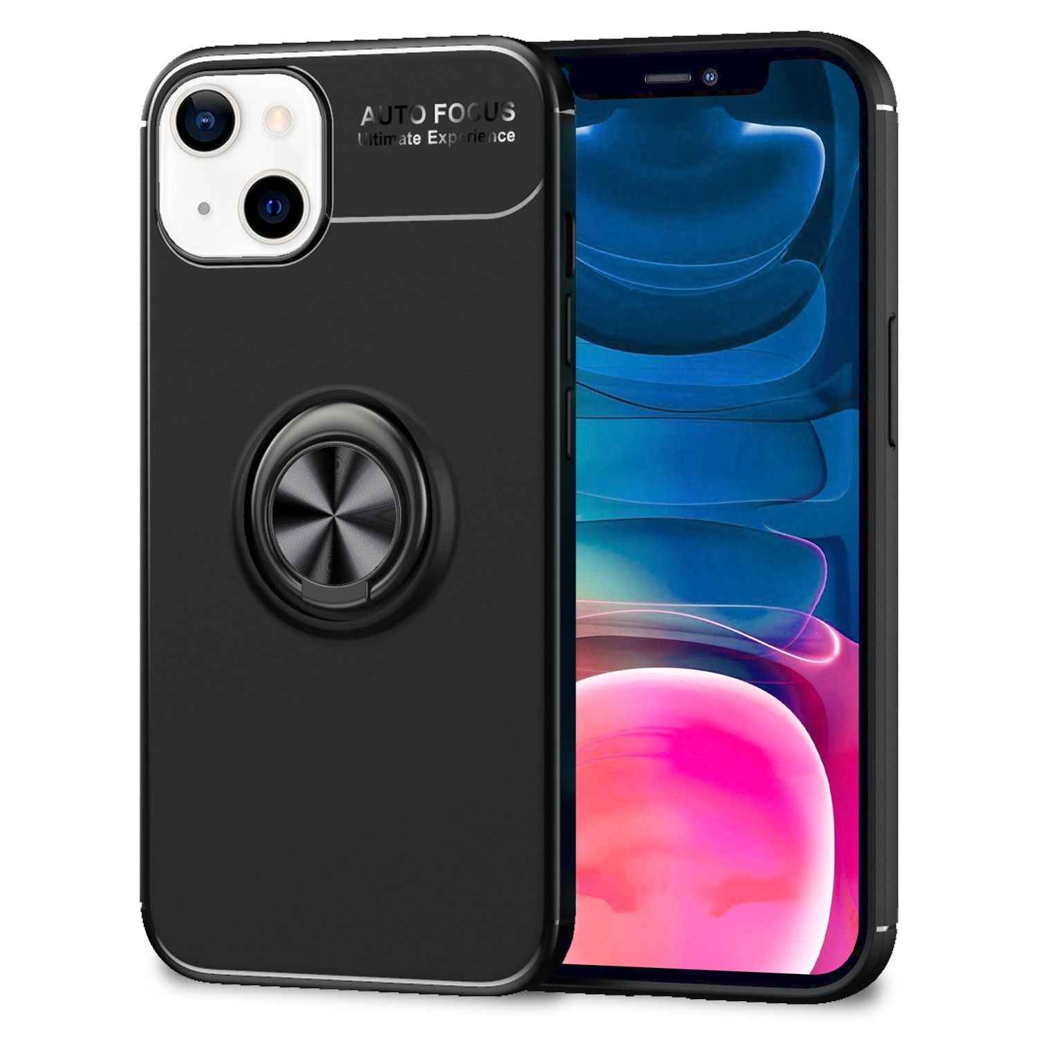 NALIA Schwarze Handy Hülle für iPhone 13 Mini, 360° Ring Cover Case Kickstand