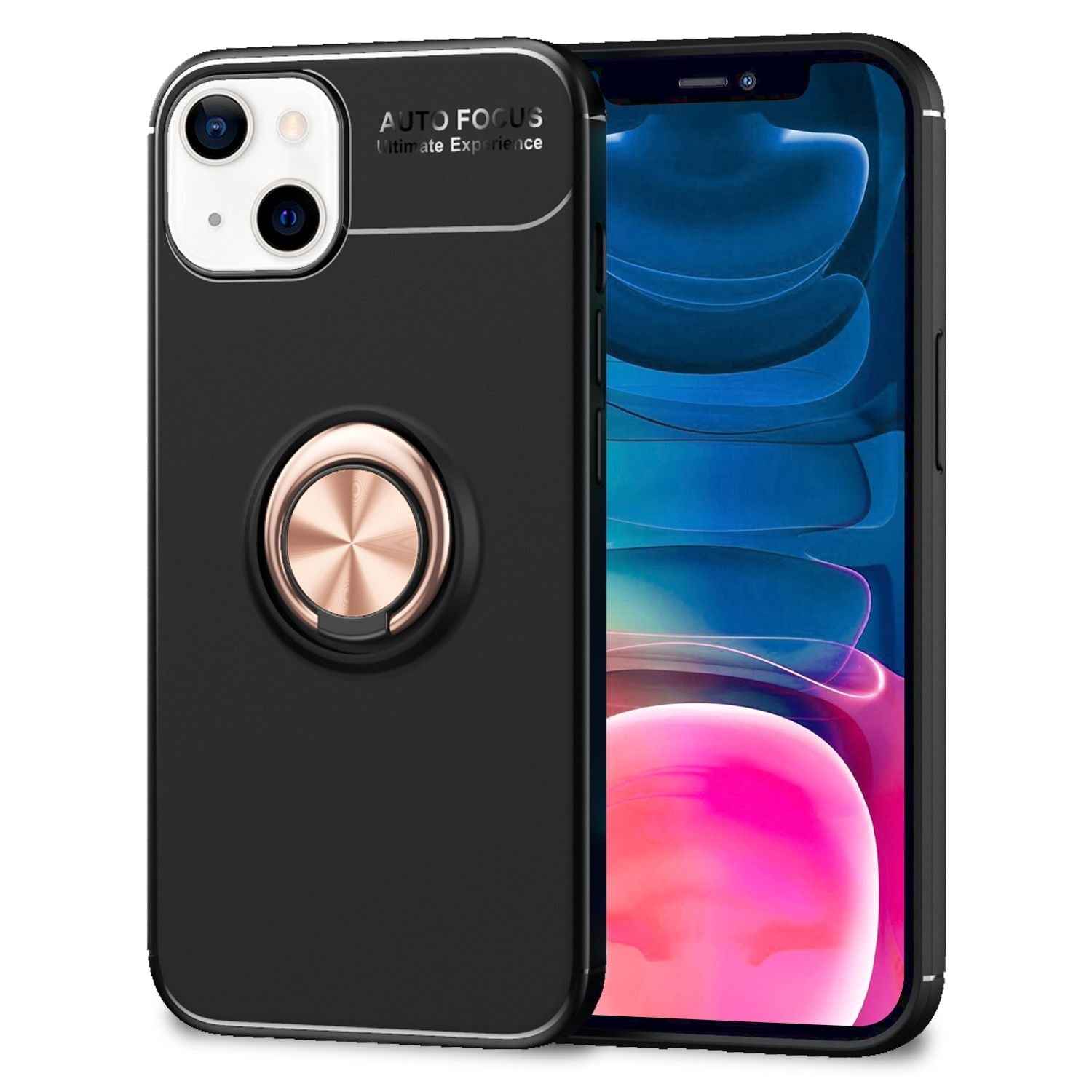 NALIA Schwarze Handy Hülle für iPhone 13 Mini, 360° Ring Cover Case Kickstand
