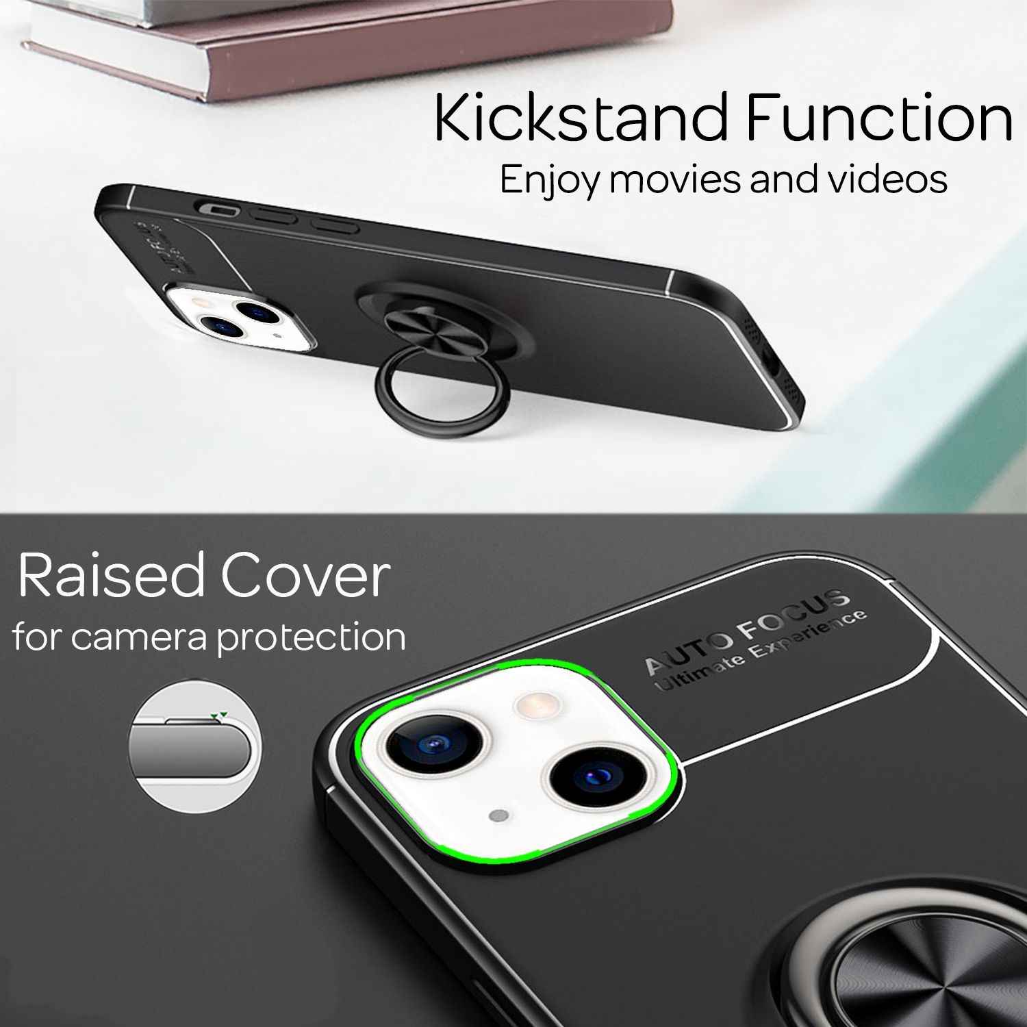 NALIA Schwarze Handy Hülle für iPhone 13 Mini, 360° Ring Cover Case Kickstand