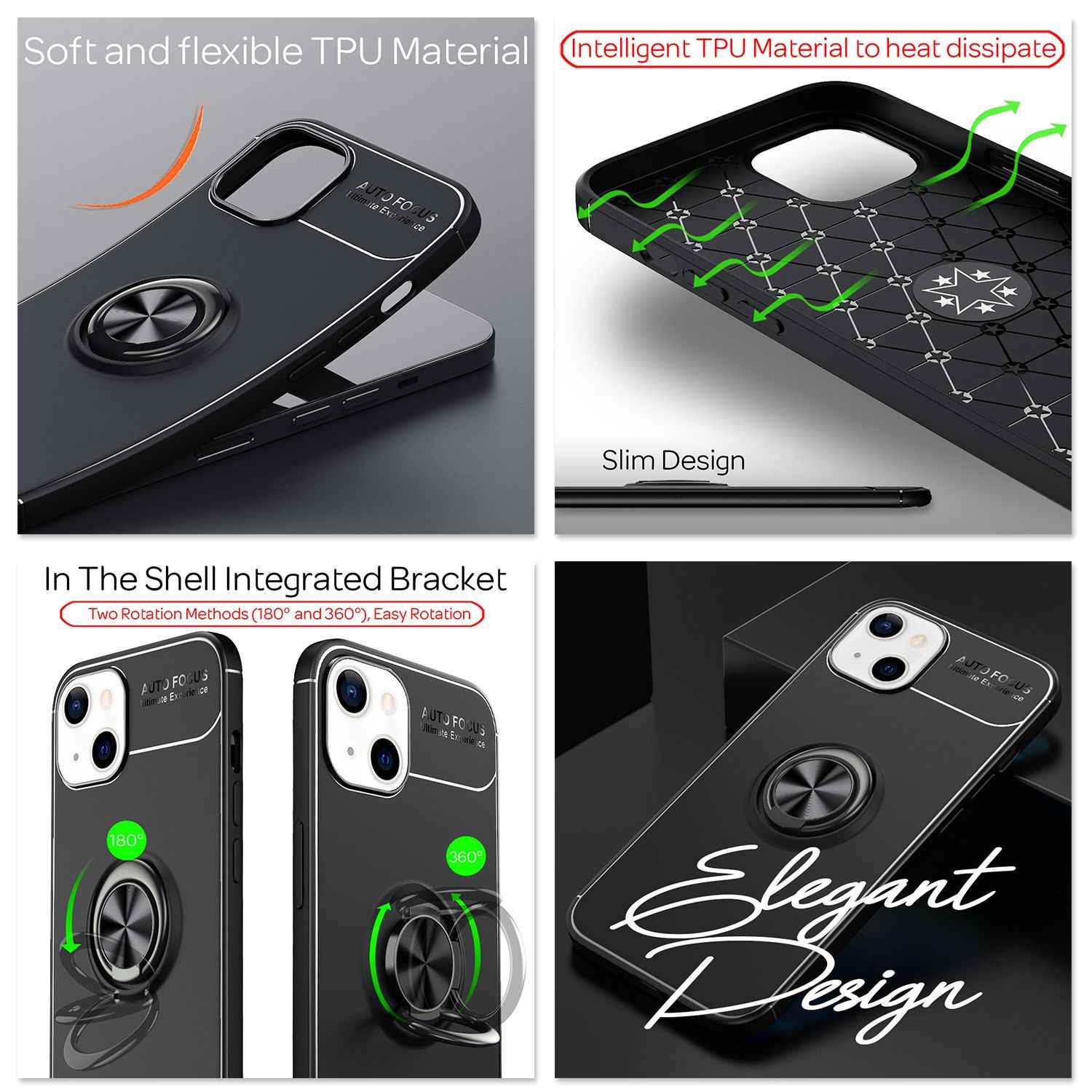 NALIA Schwarze Handy Hülle für iPhone 13 Mini, 360° Ring Cover Case Kickstand