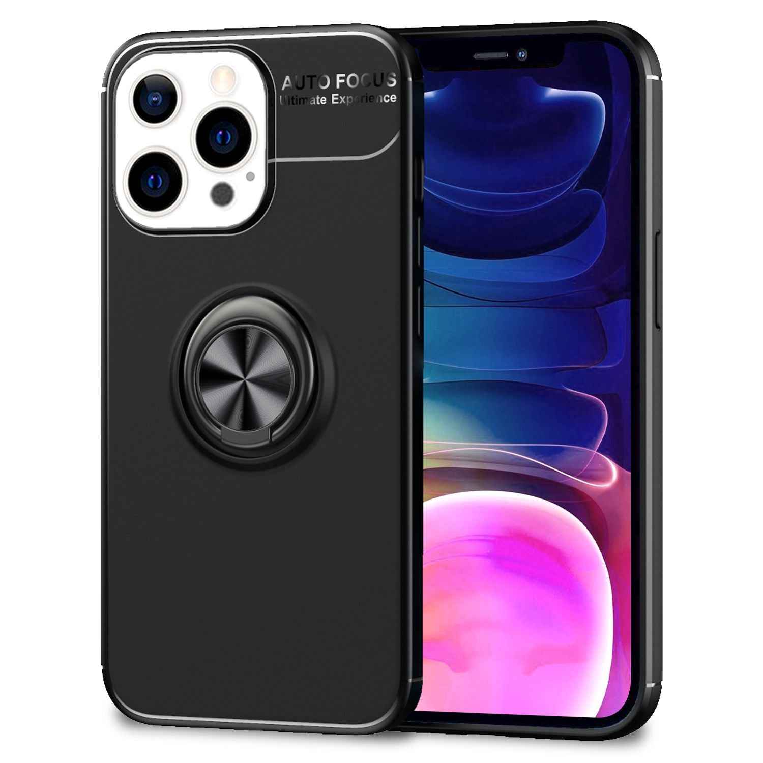 NALIA Schwarze Handy Hülle für iPhone 13 Pro Max, 360° Ring Case Kickstand Cover