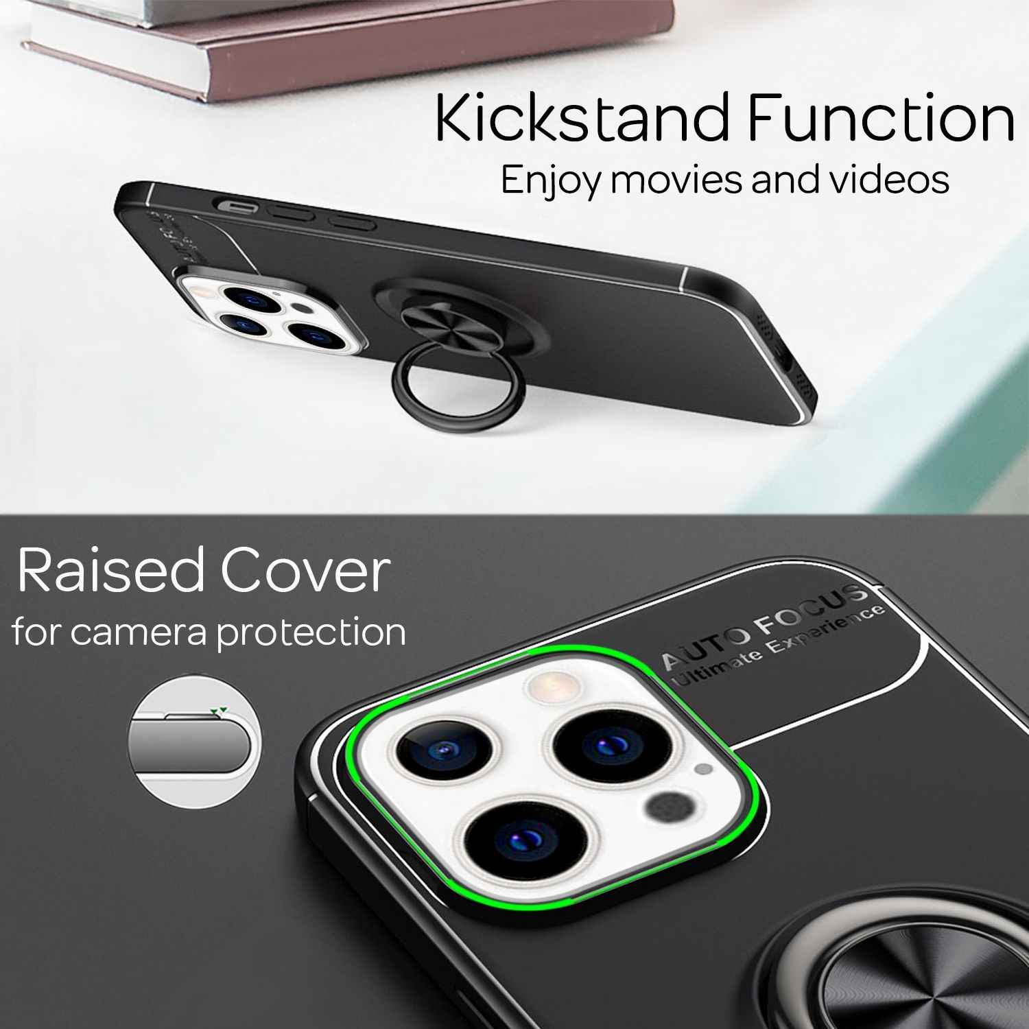 NALIA Schwarze Handy Hülle für iPhone 13 Pro Max, 360° Ring Case Kickstand Cover