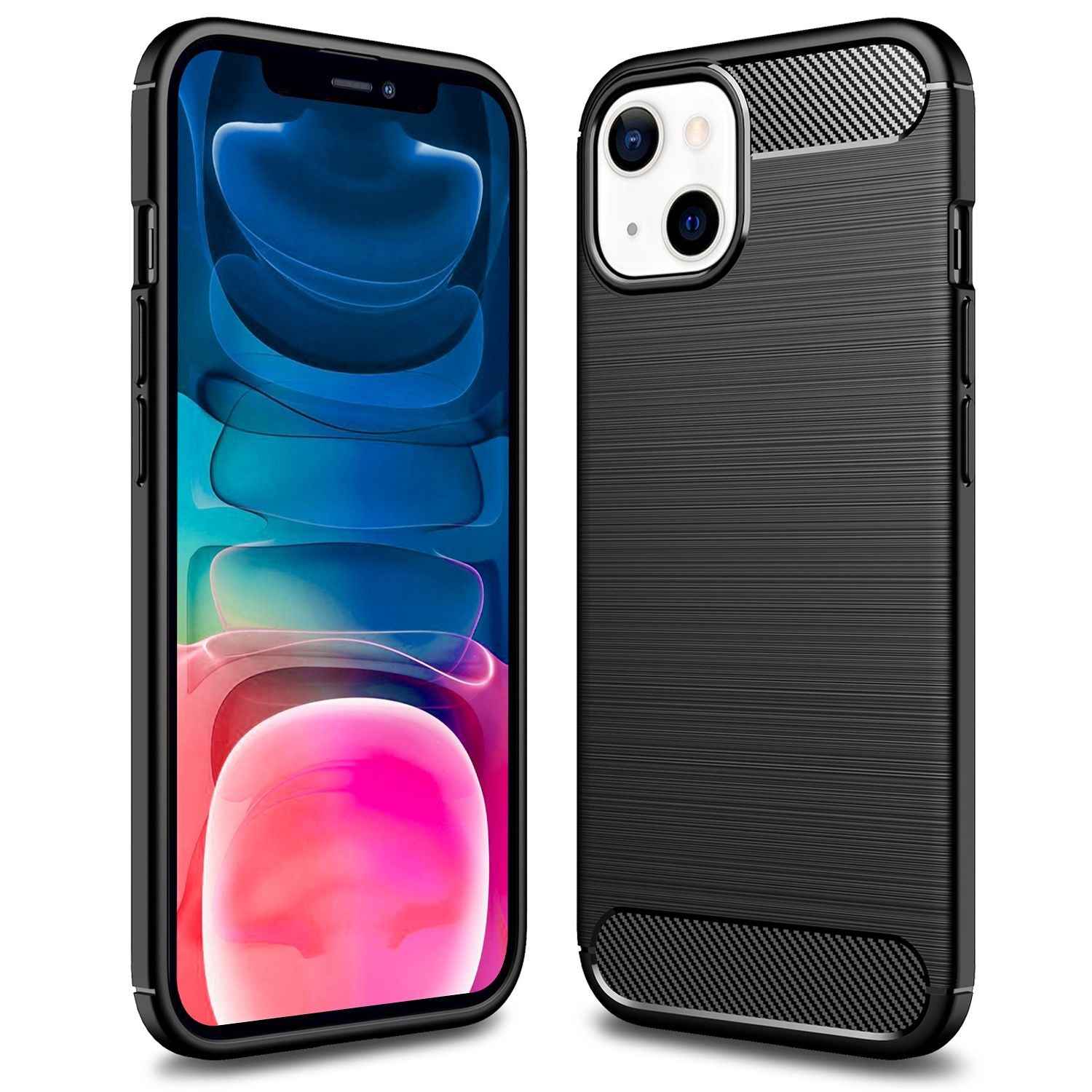 NALIA Carbon Look Case für iPhone 13 Mini, Schwarz Silikon Cover Case TPU Bumper