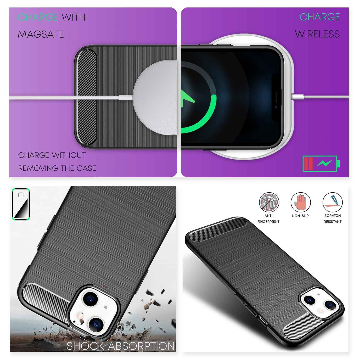 NALIA Carbon Look Case für iPhone 13 Mini, Schwarz Silikon Cover Case TPU Bumper