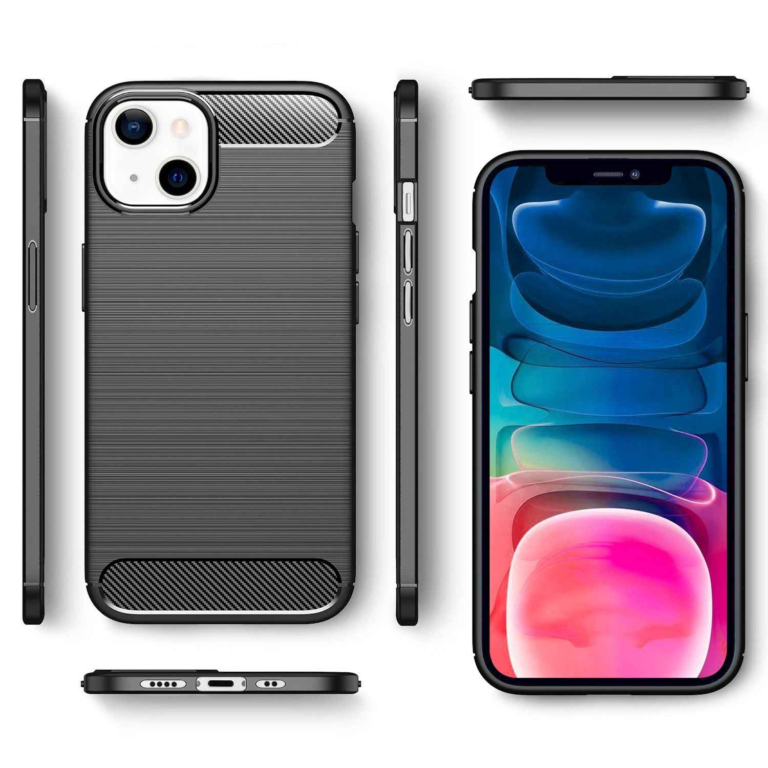 NALIA Carbon Look Case für iPhone 13 Mini, Schwarz Silikon Cover Case TPU Bumper