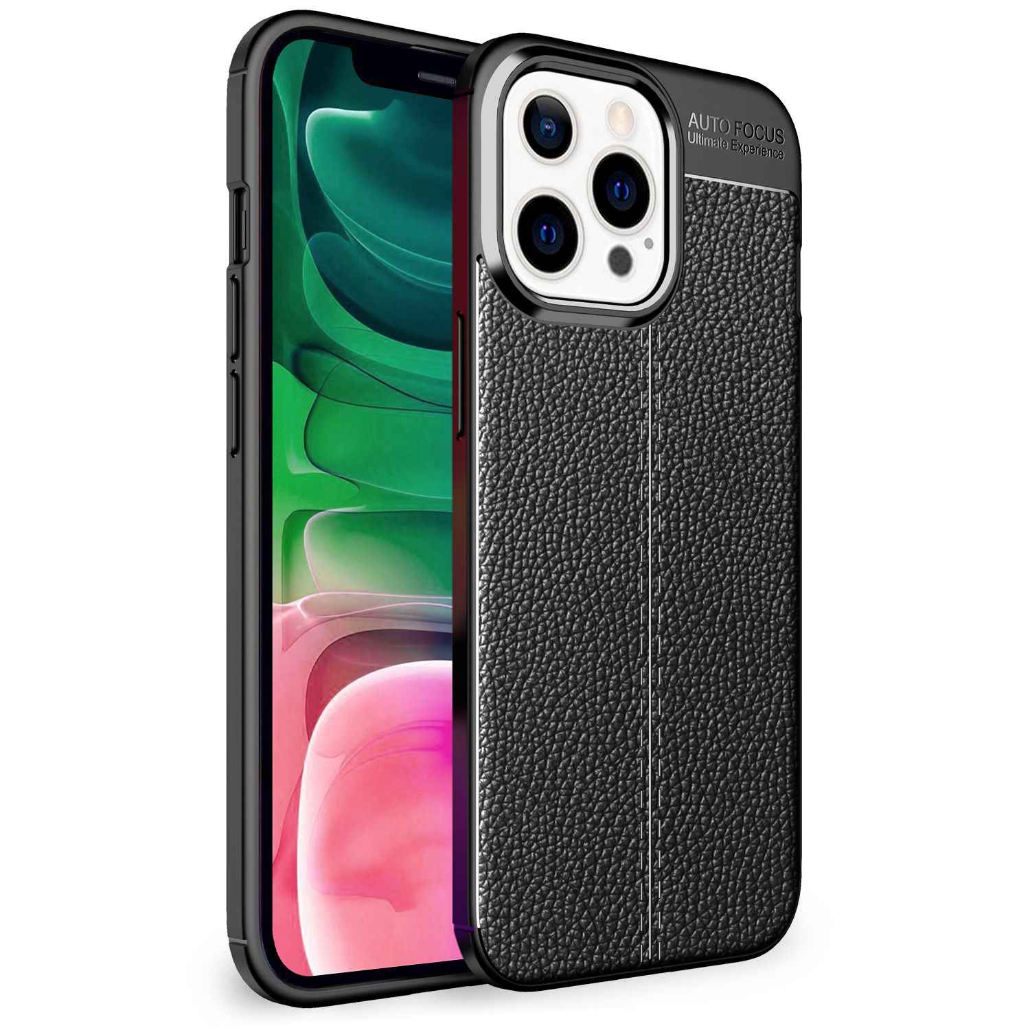 NALIA Leder Look Hülle für iPhone 13 Pro, Schwarze Silikonhülle Anti-Fingerabdruck Rutschfest Kratzfest Stoßfest