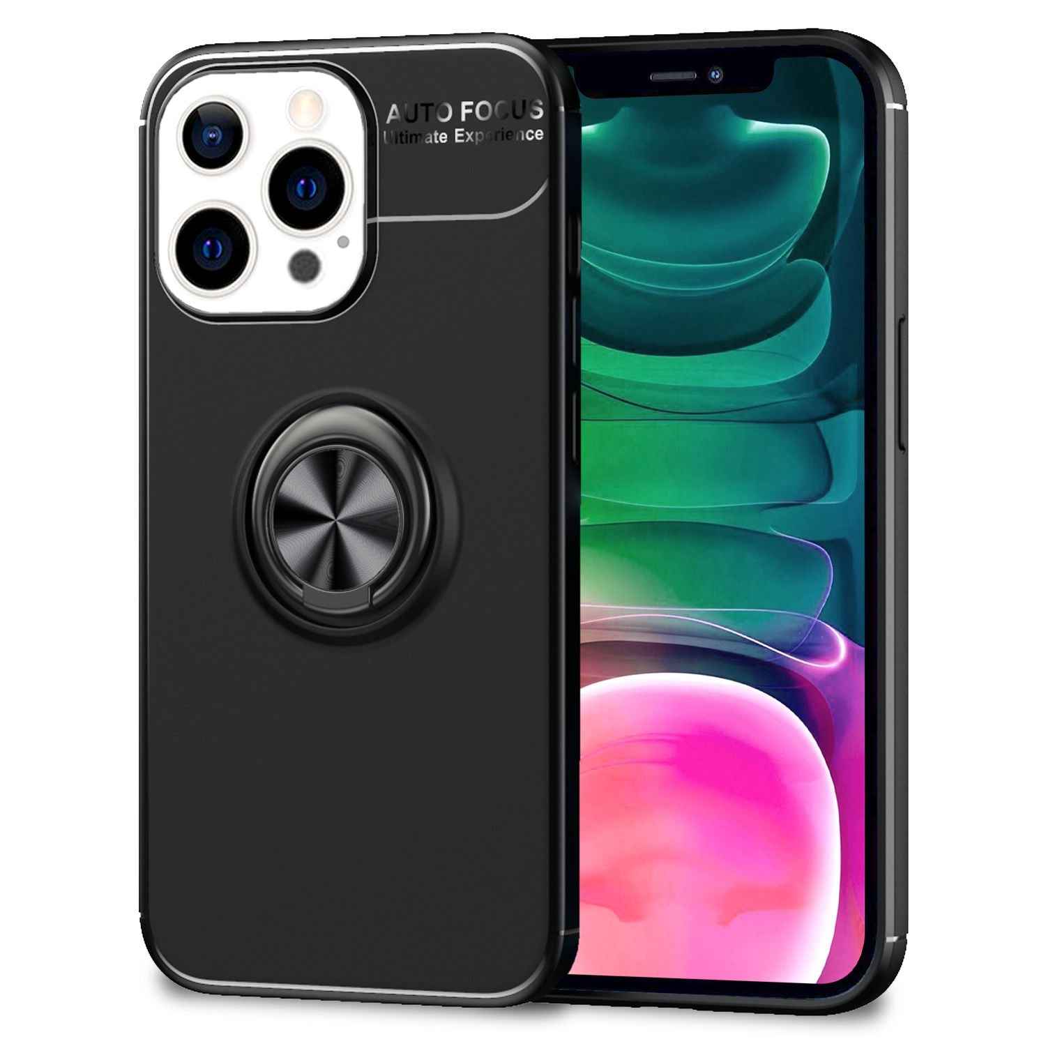 NALIA Schwarze Handy Hülle für iPhone 13 Pro, 360° Ring Case Kickstand Cover