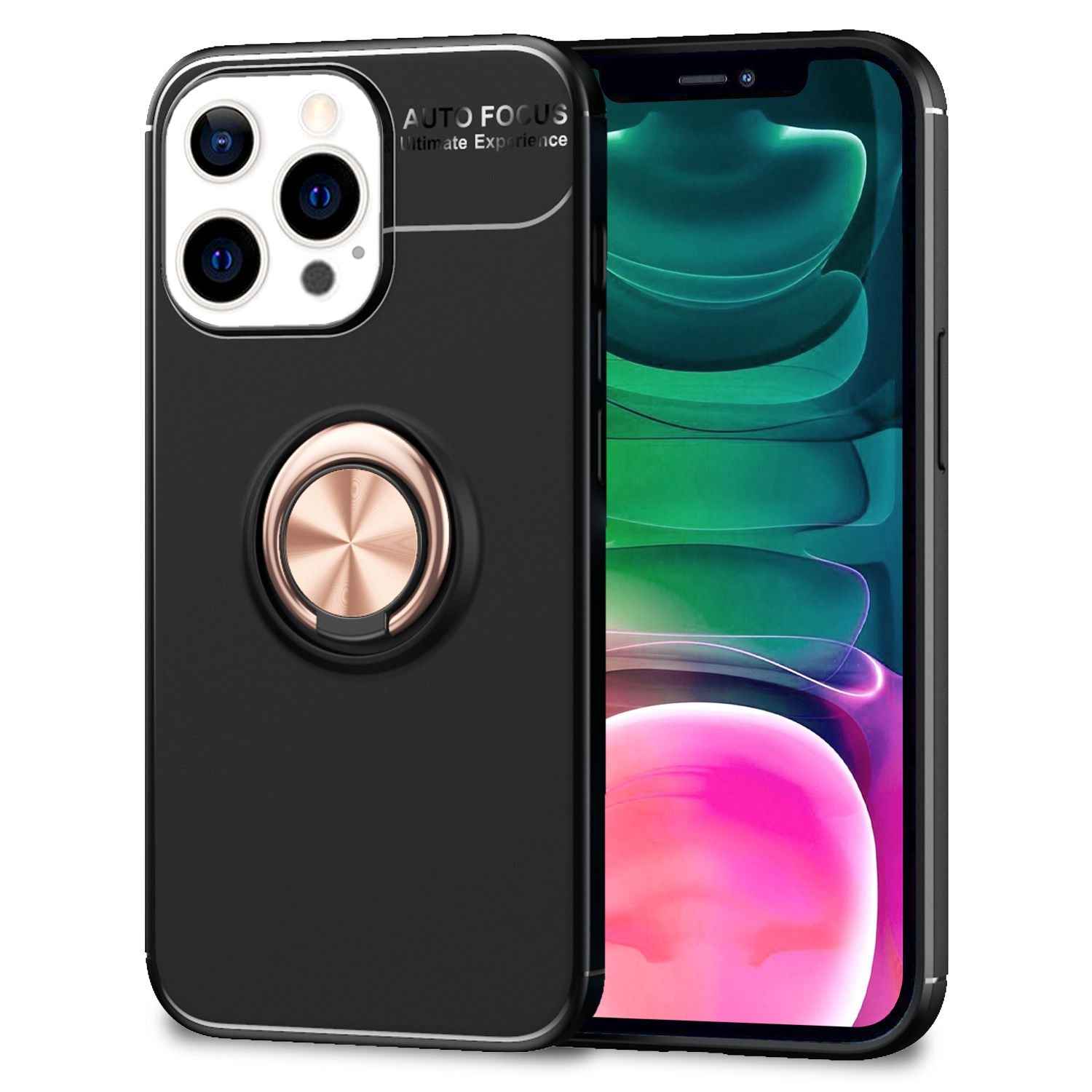 NALIA Schwarze Handy Hülle für iPhone 13 Pro, 360° Ring Case Kickstand Cover