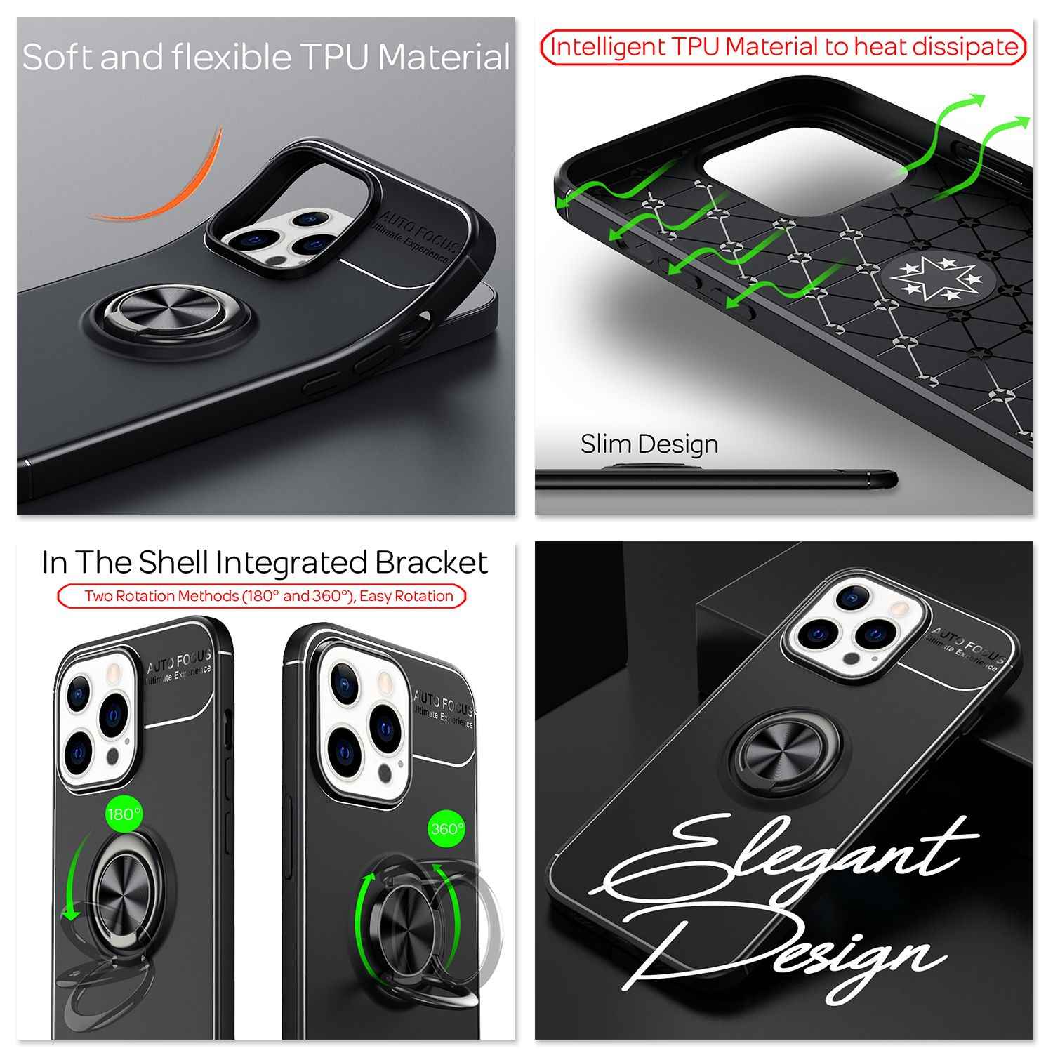 NALIA Schwarze Handy Hülle für iPhone 13 Pro, 360° Ring Case Kickstand Cover