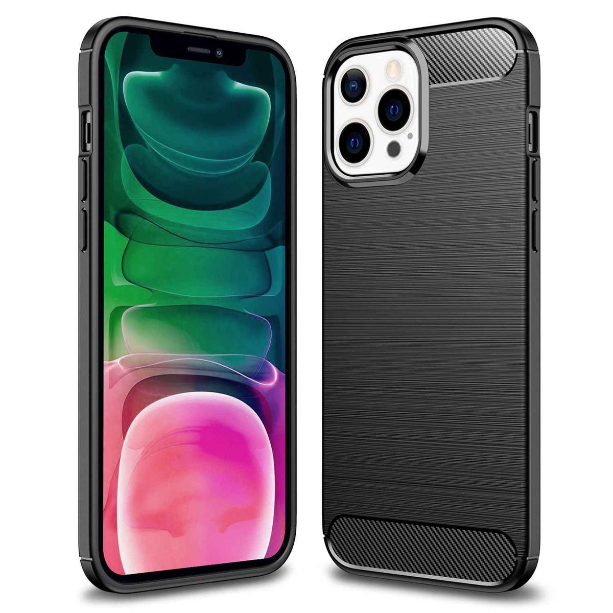 NALIA Carbon Look Case für iPhone 13 Pro, Schwarz Silikon Cover Case Bumper Etui