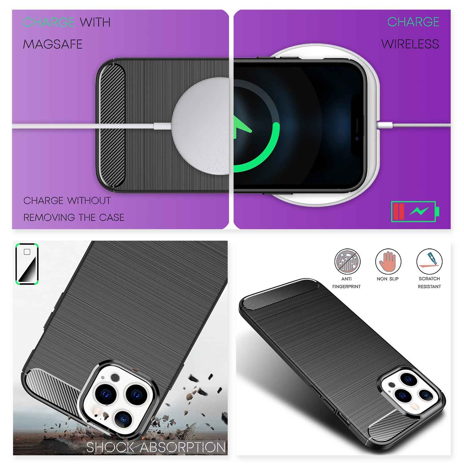 NALIA Carbon Look Case für iPhone 13 Pro, Schwarz Silikon Cover Case Bumper Etui
