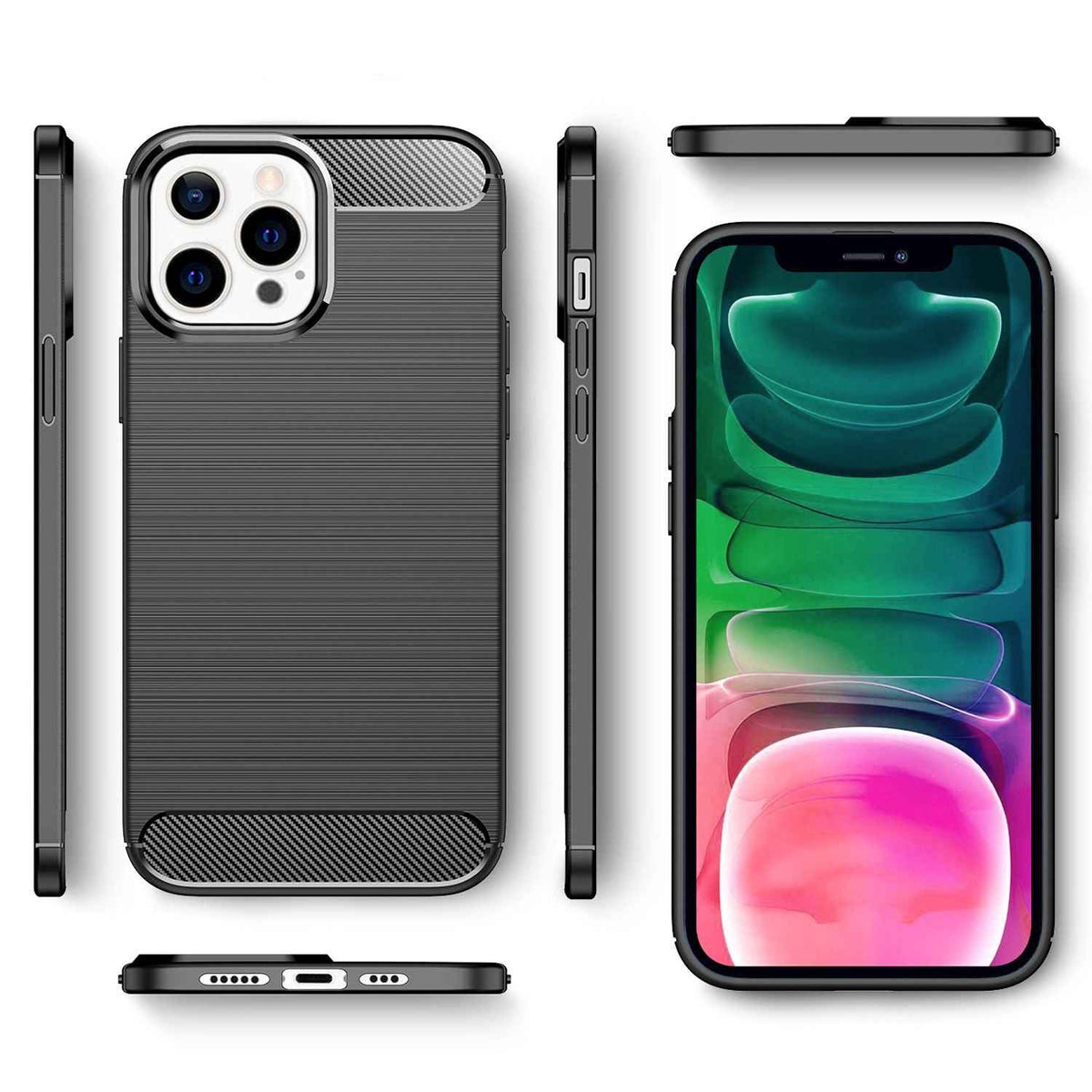 NALIA Carbon Look Case für iPhone 13 Pro, Schwarz Silikon Cover Case Bumper Etui