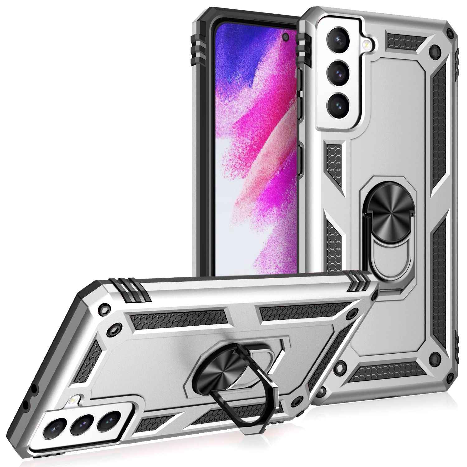 NALIA Military-Style Ringhülle für Samsung Galaxy S21 FE, Extrem Schützend Stoßfest Robust, 360° Ring für Standfunktion