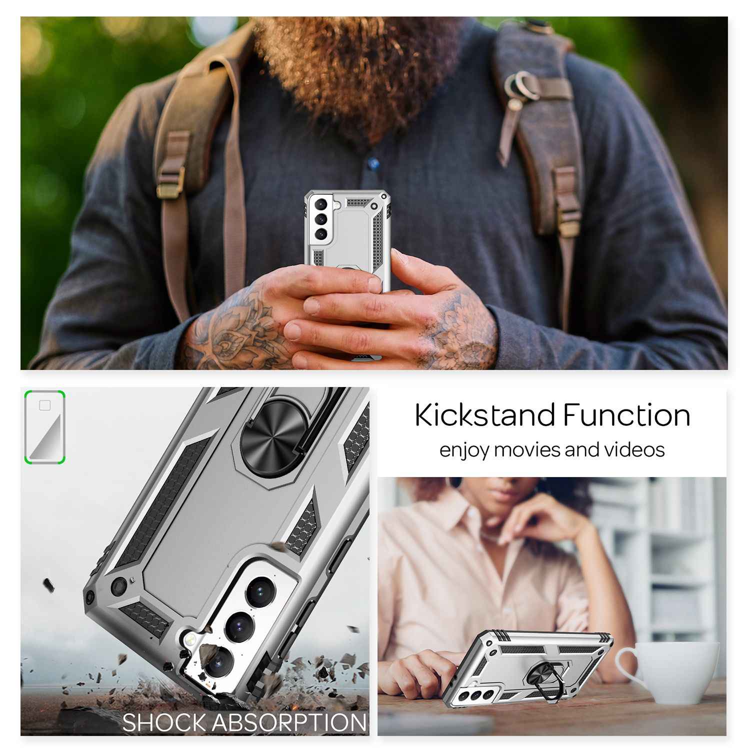 NALIA Military-Style Ringhülle für Samsung Galaxy S21 FE, Extrem Schützend Stoßfest Robust, 360° Ring für Standfunktion