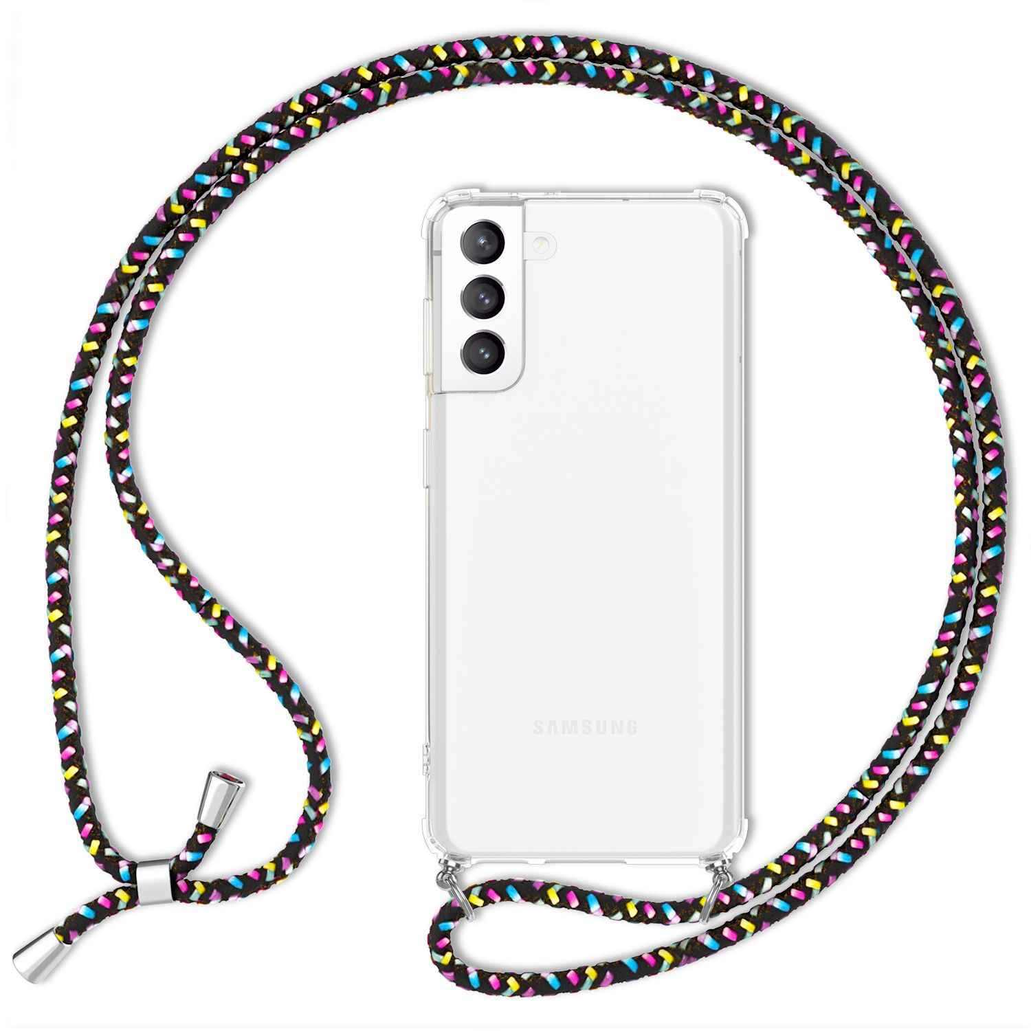 NALIA Handyhülle mit Kette für Samsung Galaxy S21 FE, Transparente Schutzhülle & Handy-Schnur zum Umhängen, Robust Vergilbungsfrei Klar