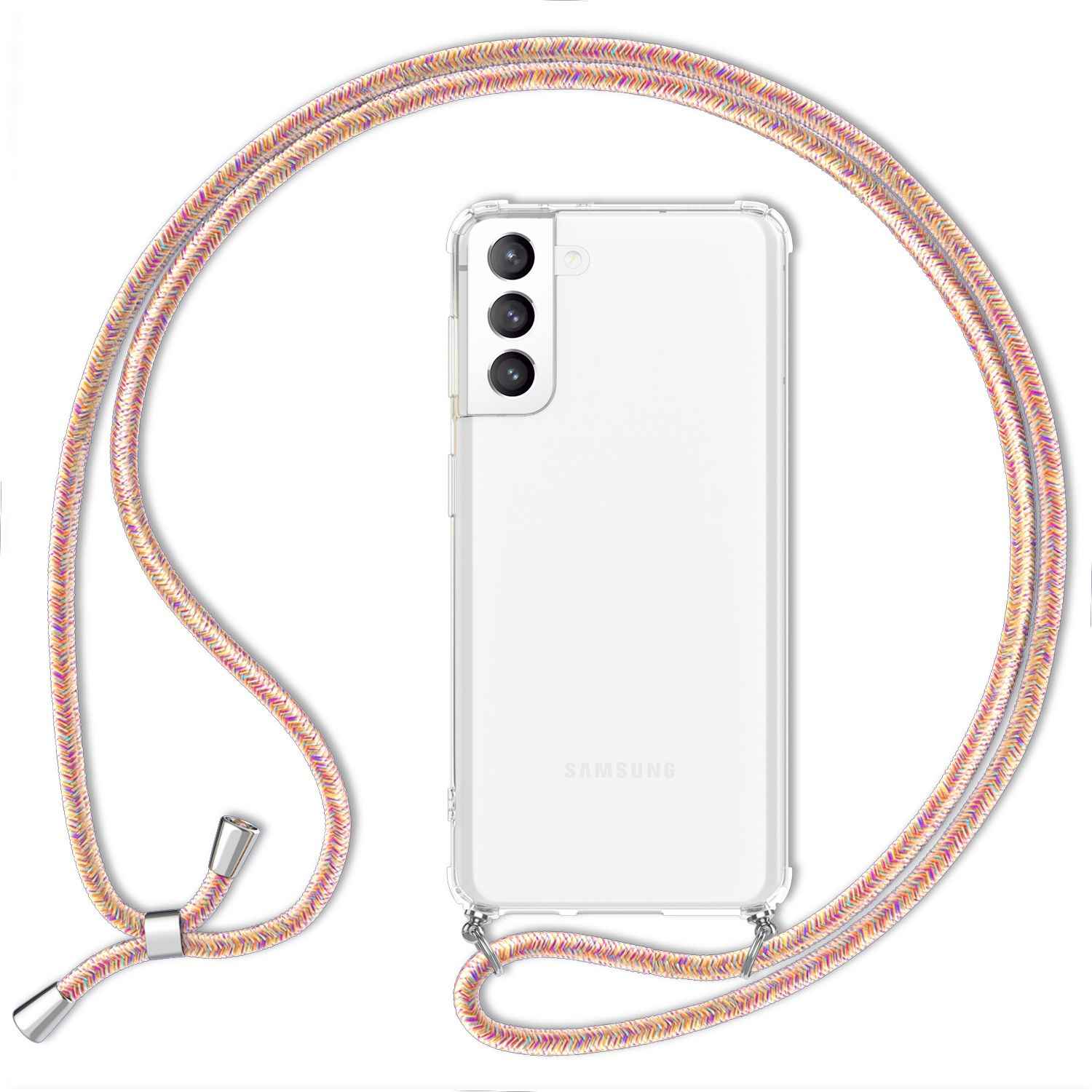 NALIA Handyhülle mit Kette für Samsung Galaxy S21 FE, Transparente Schutzhülle & Handy-Schnur zum Umhängen, Robust Vergilbungsfrei Klar