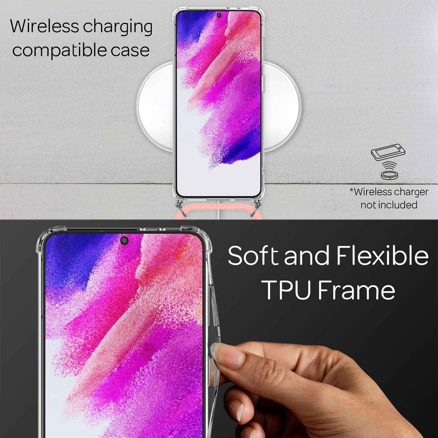 NALIA Handyhülle mit Kette für Samsung Galaxy S21 FE, Transparente Schutzhülle & Handy-Schnur zum Umhängen, Robust Vergilbungsfrei Klar