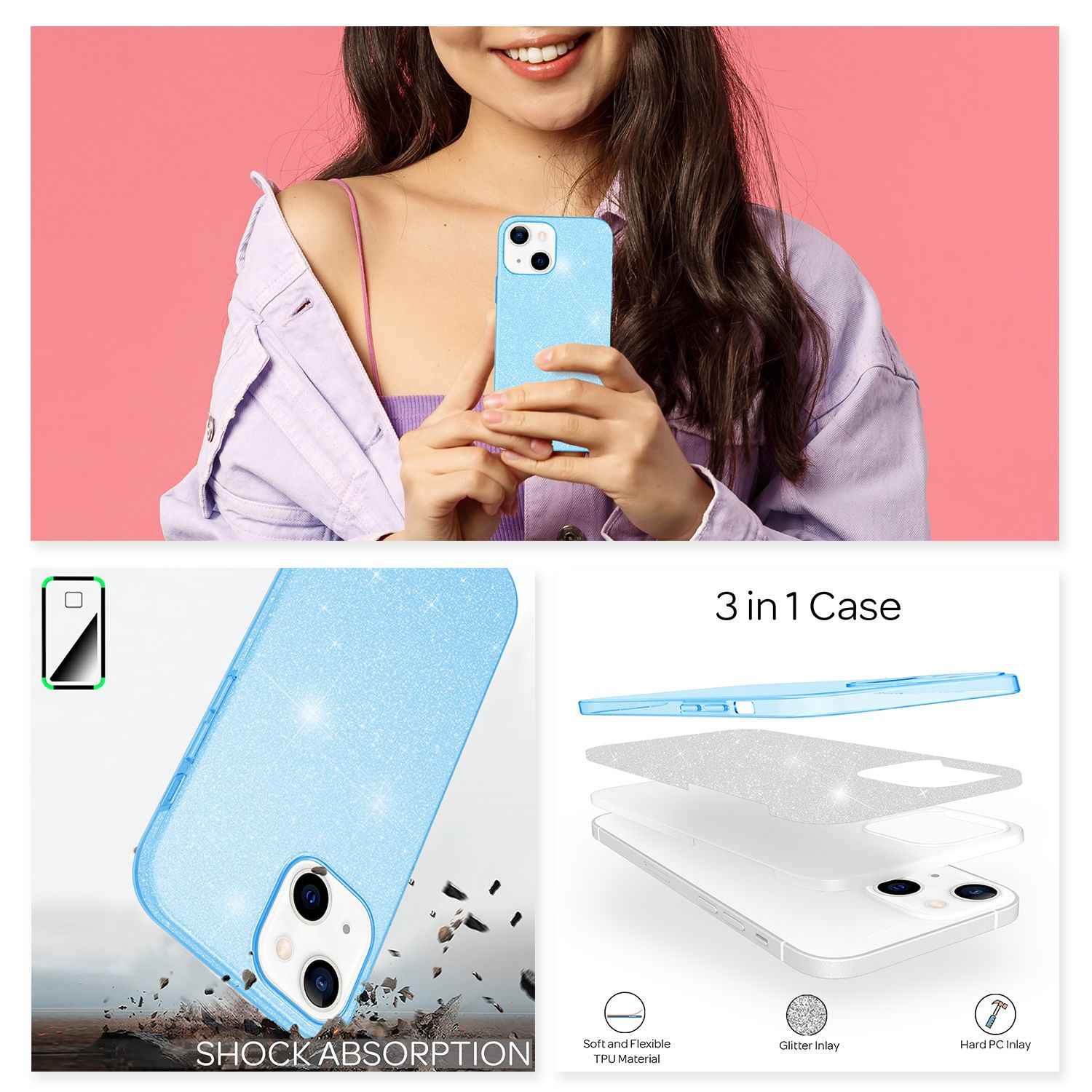 NALIA Robuste Glitzerhülle für iPhone 13 Mini, Glänzende Glitzer Hybrid Schutzhülle Verstärkte Silikonhülle