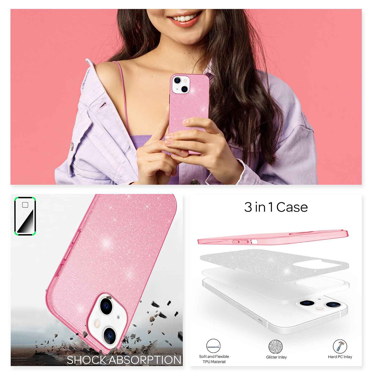 NALIA Robuste Glitzerhülle für iPhone 13 Mini, Glänzende Glitzer Hybrid Schutzhülle Verstärkte Silikonhülle