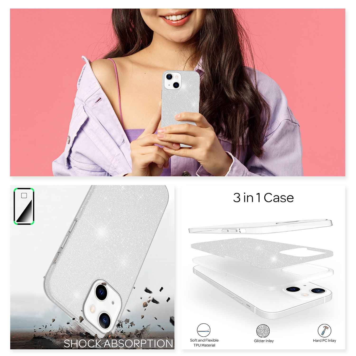 NALIA Robuste Glitzerhülle für iPhone 13 Mini, Glänzende Glitzer Hybrid Schutzhülle Verstärkte Silikonhülle