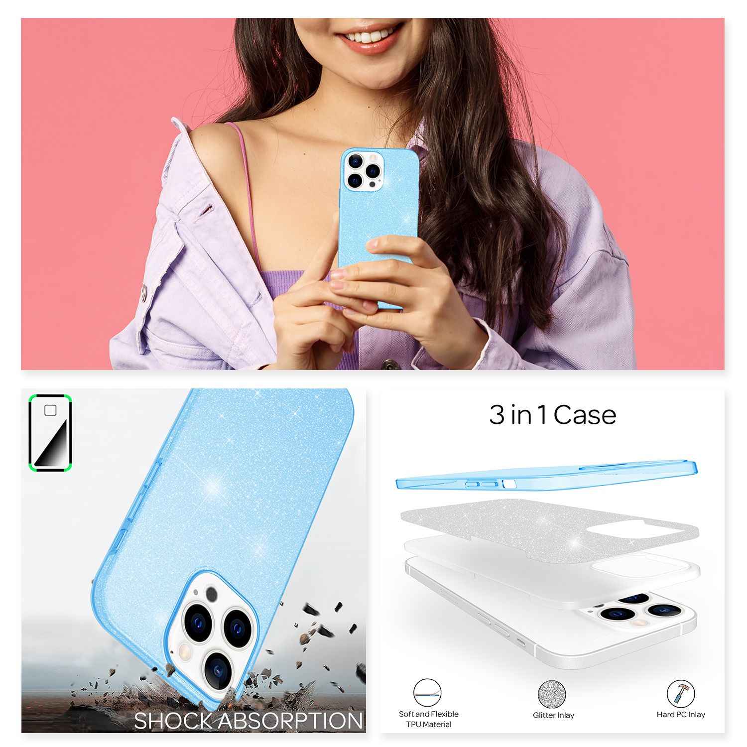 NALIA Robuste Glitzerhülle für iPhone 13 Pro, Stoßfeste Glänzende Glitzer Hybrid Schutzhülle Verstärkte Silikonhülle