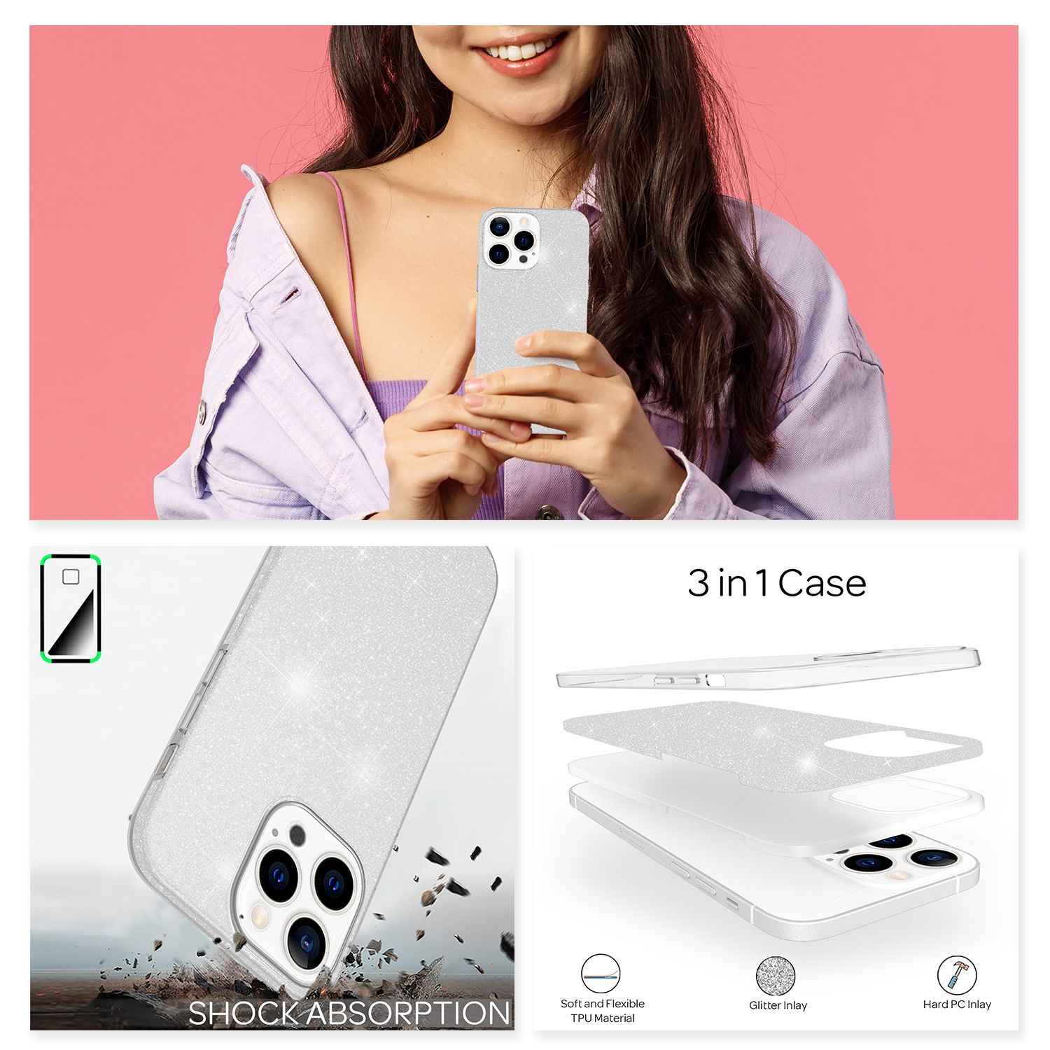 NALIA Robuste Glitzerhülle für iPhone 13 Pro, Stoßfeste Glänzende Glitzer Hybrid Schutzhülle Verstärkte Silikonhülle