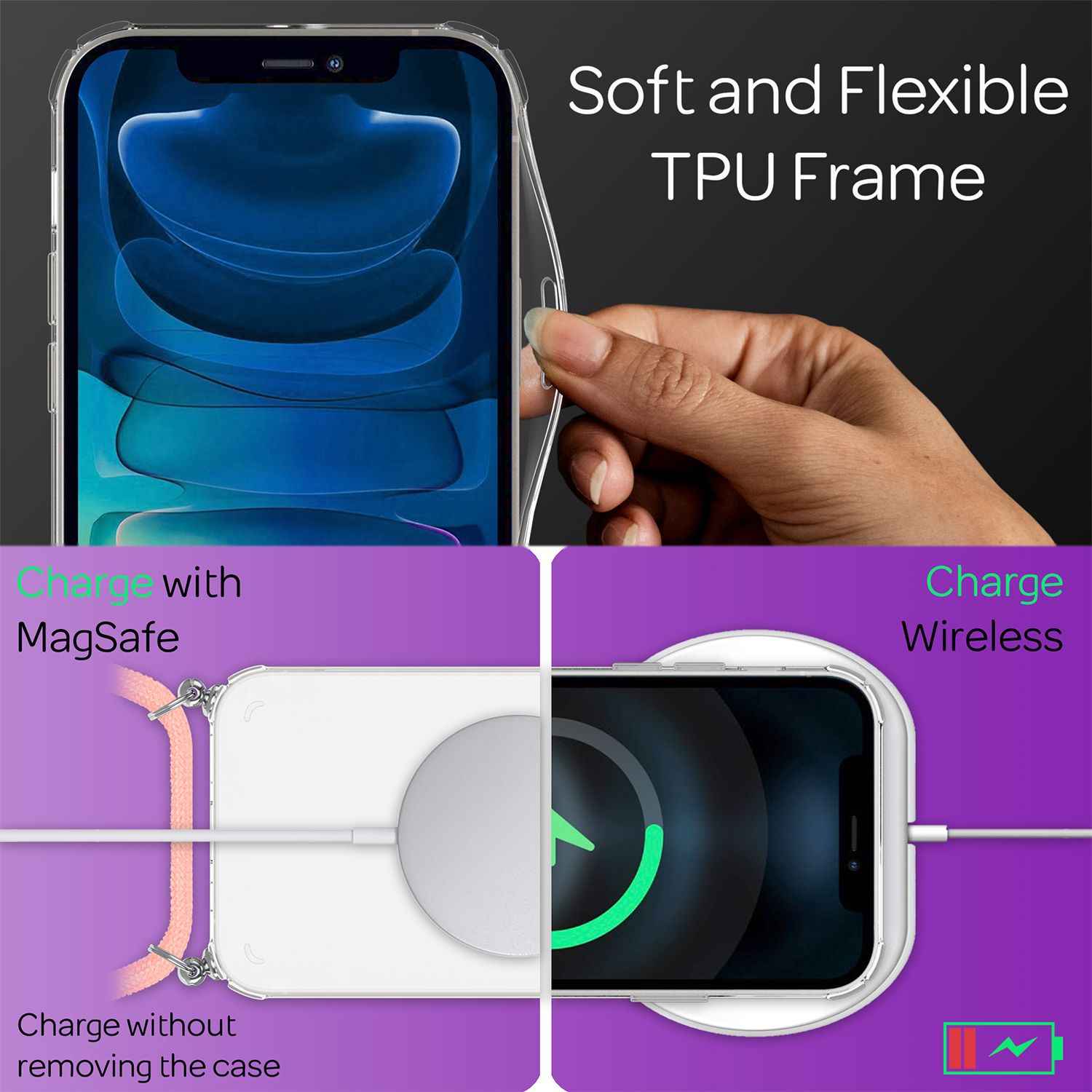 NALIA Handyhülle mit Kette für iPhone 13 Mini, Transparentes Hardcase & Handy-Schnur