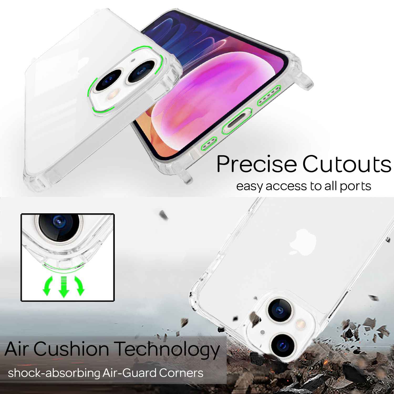 NALIA Klares Hybrid Case mit Kette für iPhone 13 Mini, Transparent Anti-Gelb Robust Verstärkte Ecken Hardcase & Silikon Rahmen, Stoßfeste Schutzhülle & Handy-Schnur