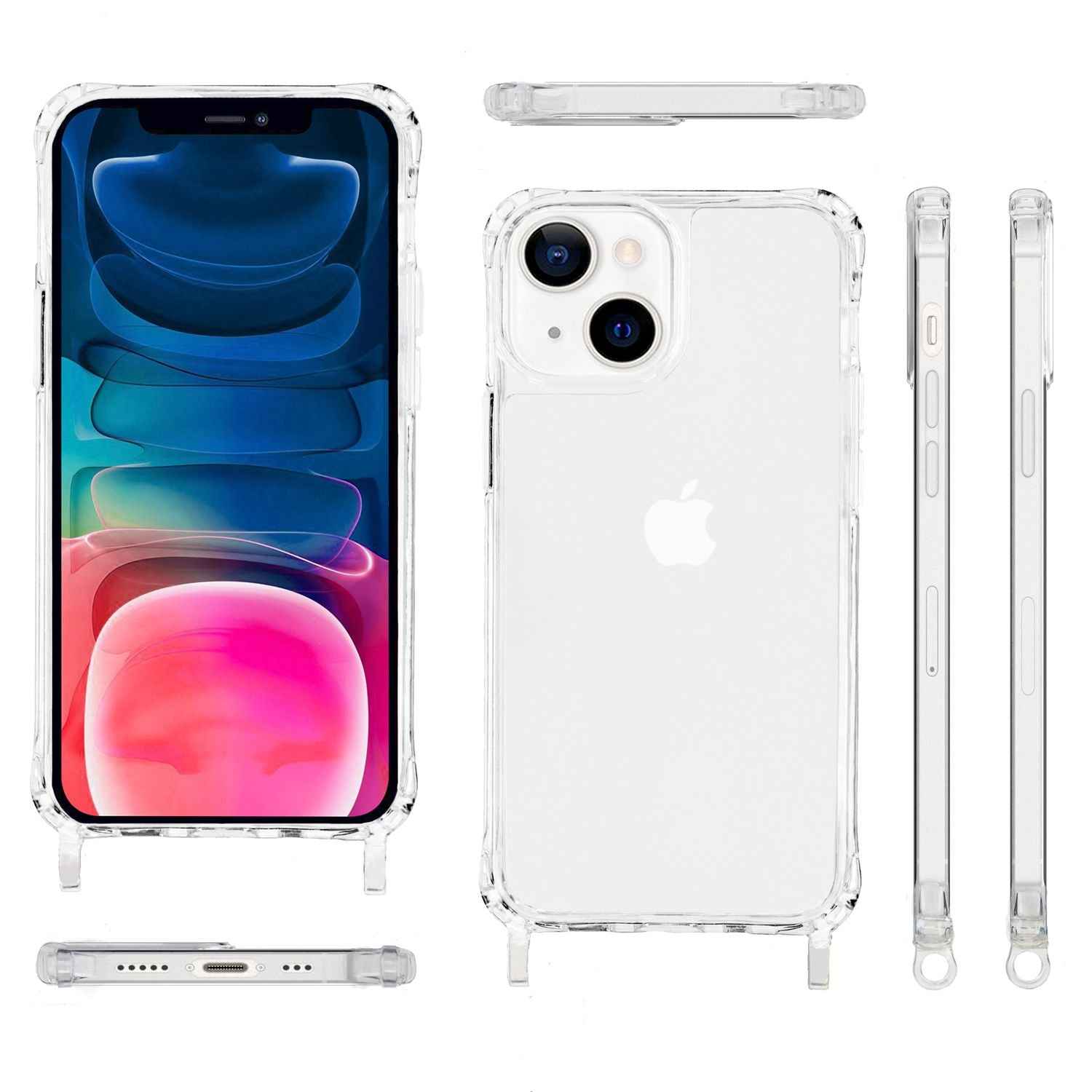 NALIA Klares Hybrid Case mit Kette für iPhone 13 Mini, Transparent Anti-Gelb Robust Verstärkte Ecken Hardcase & Silikon Rahmen, Stoßfeste Schutzhülle & Handy-Schnur