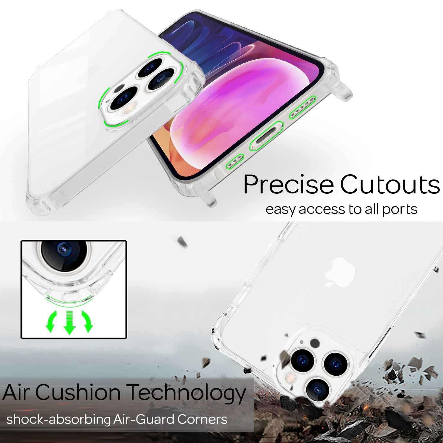 NALIA Klares Hybrid Case mit Kette für iPhone 13 Pro, Transparent Anti-Gelb Robust Verstärkte Ecken Hardcase & Silikon Rahmen, Stoßfeste Schutzhülle & Handy-Schnur