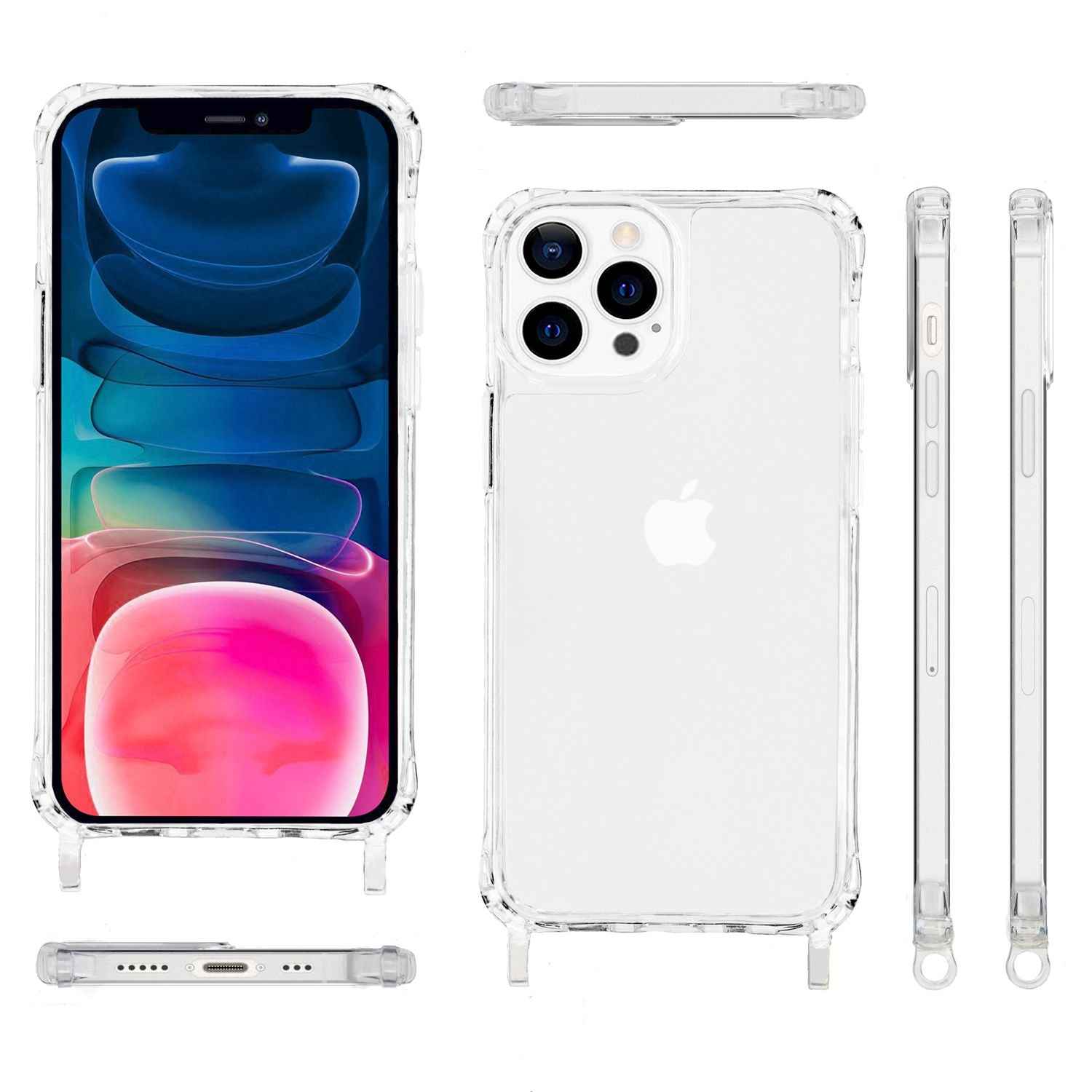 NALIA Klares Hybrid Case mit Kette für iPhone 13 Pro Max, Transparent Anti-Gelb Robust Verstärkte Ecken Hardcase & Silikon Rahmen, Stoßfeste Schutzhülle & Handy-Schnur