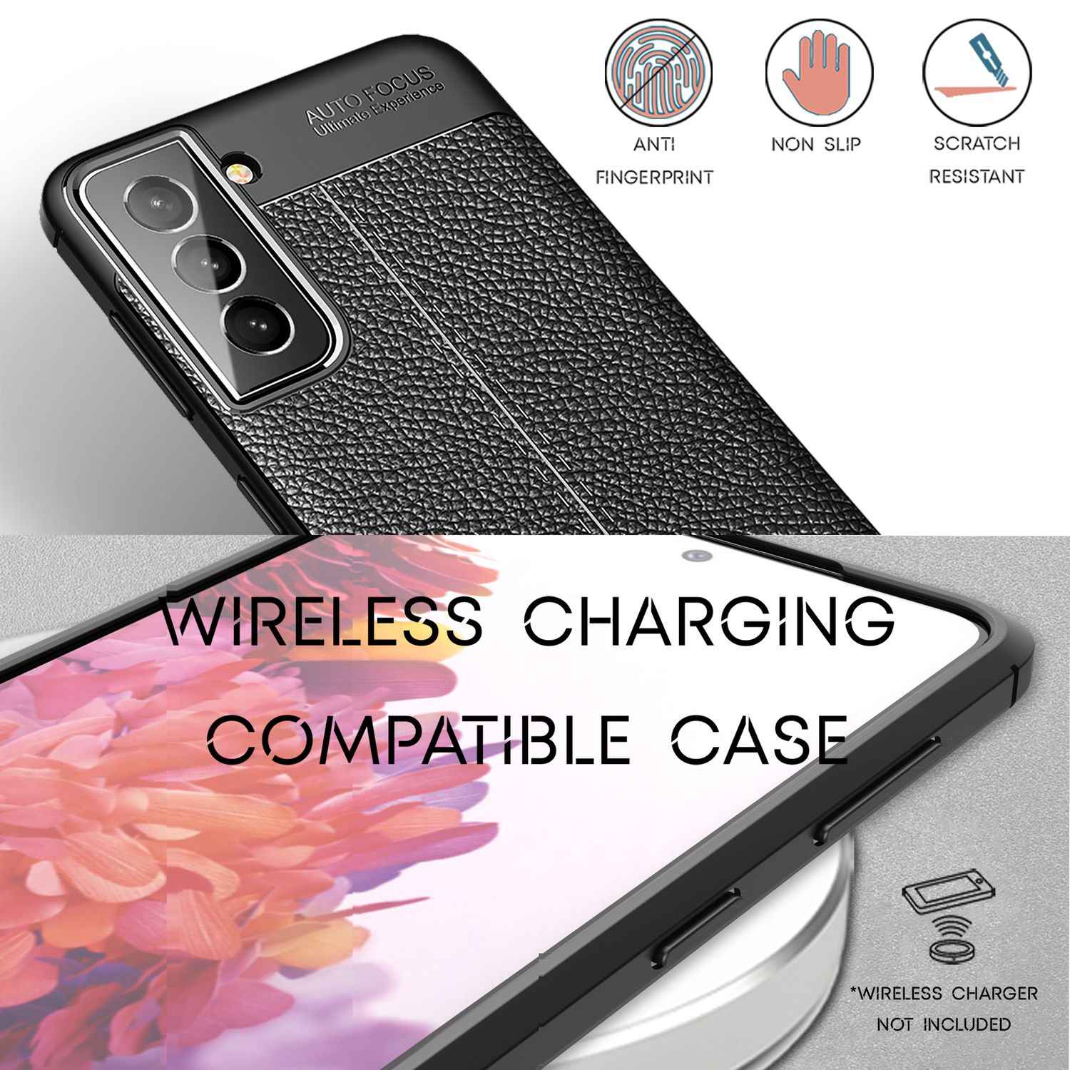 NALIA Leder Look Case für Samsung Galaxy S22, Schwarze Silikonhülle Anti-Fingerabdruck Rutschfest, Elegante Handyhülle