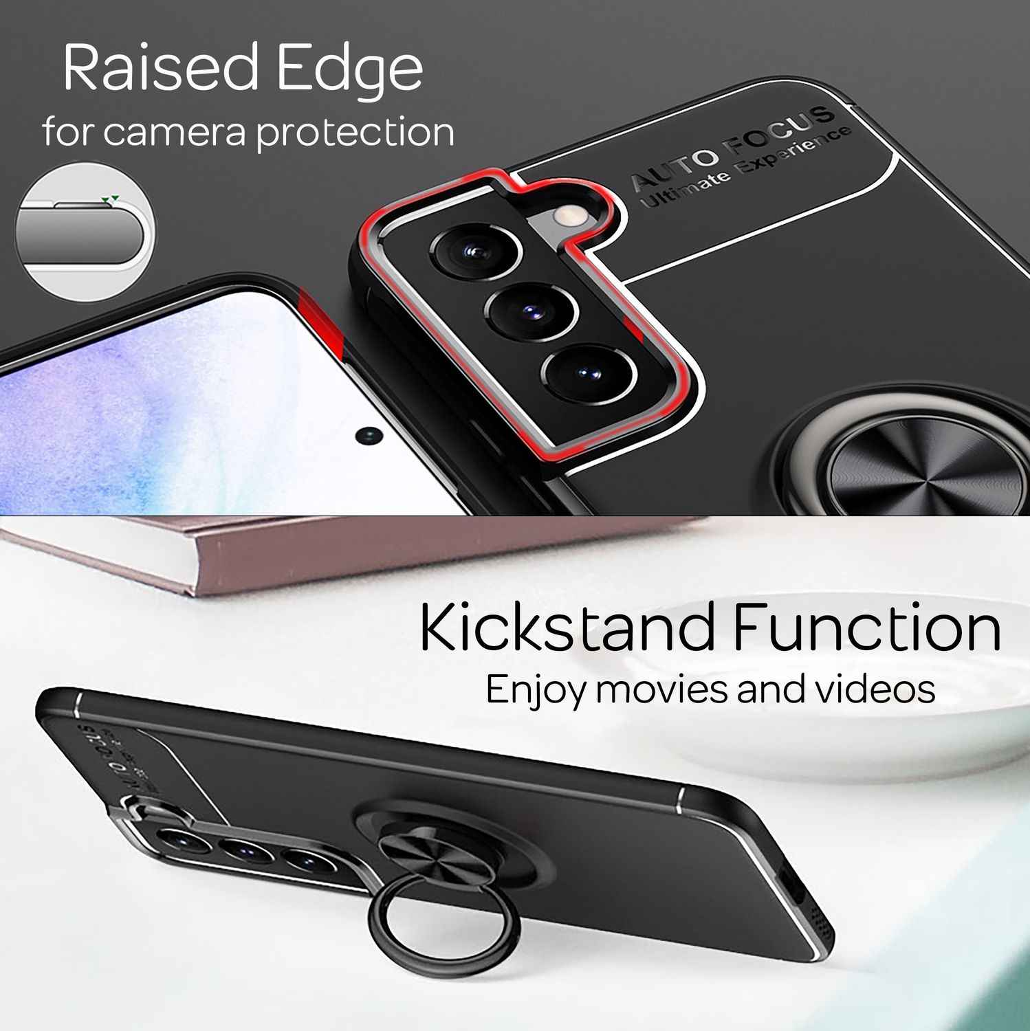 NALIA Matt-Schwarze Ringhülle für Samsung Galaxy S22 Plus, 360° Ring für Standfunktion & KFZ-Halterung, Robust Rutschfest Stoßfest, Handyhülle Schutzhülle