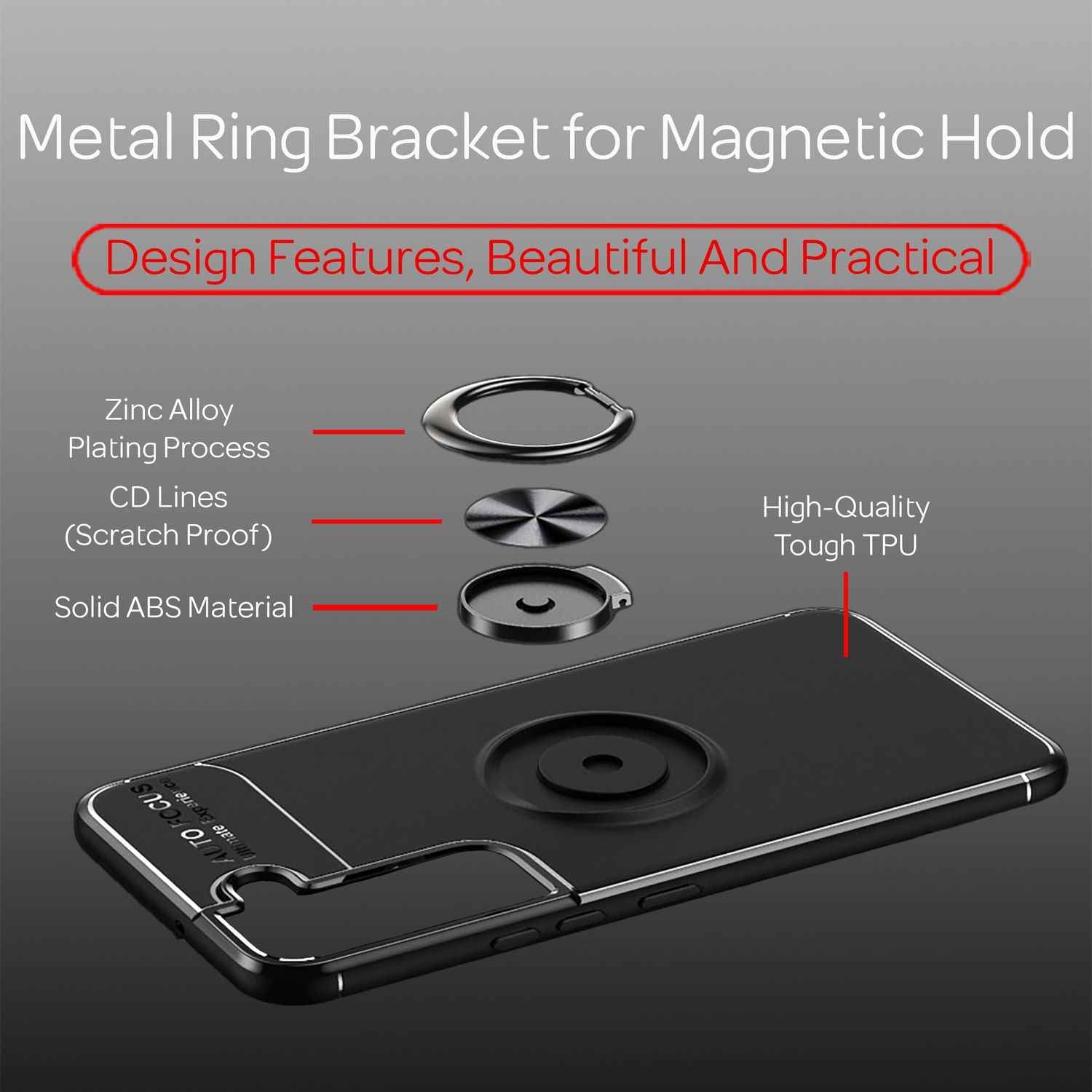 NALIA Matt-Schwarze Ringhülle für Samsung Galaxy S22 Plus, 360° Ring für Standfunktion & KFZ-Halterung, Robust Rutschfest Stoßfest, Handyhülle Schutzhülle