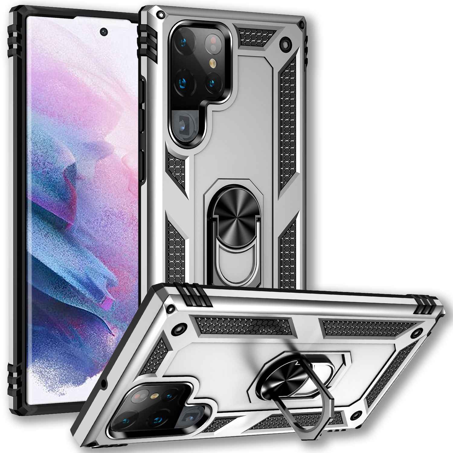 NALIA Military-Style Ringhülle für Samsung Galaxy S22 Ultra, Extrem Schützend Stoßfest, 360° Ring für Aufsteller