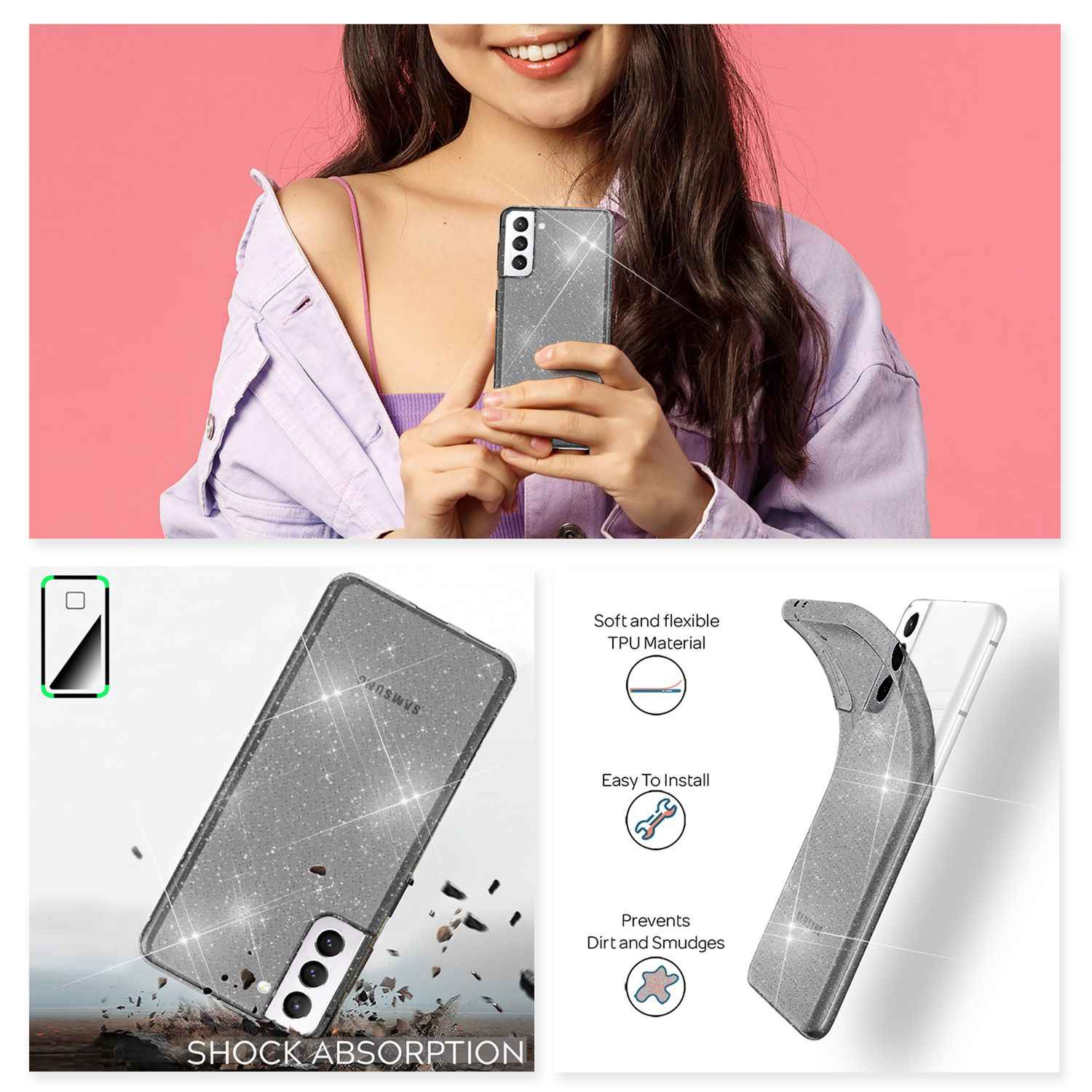 NALIA Klare Glitzerhülle für Samsung Galaxy S22 Plus, Durchsichtig
