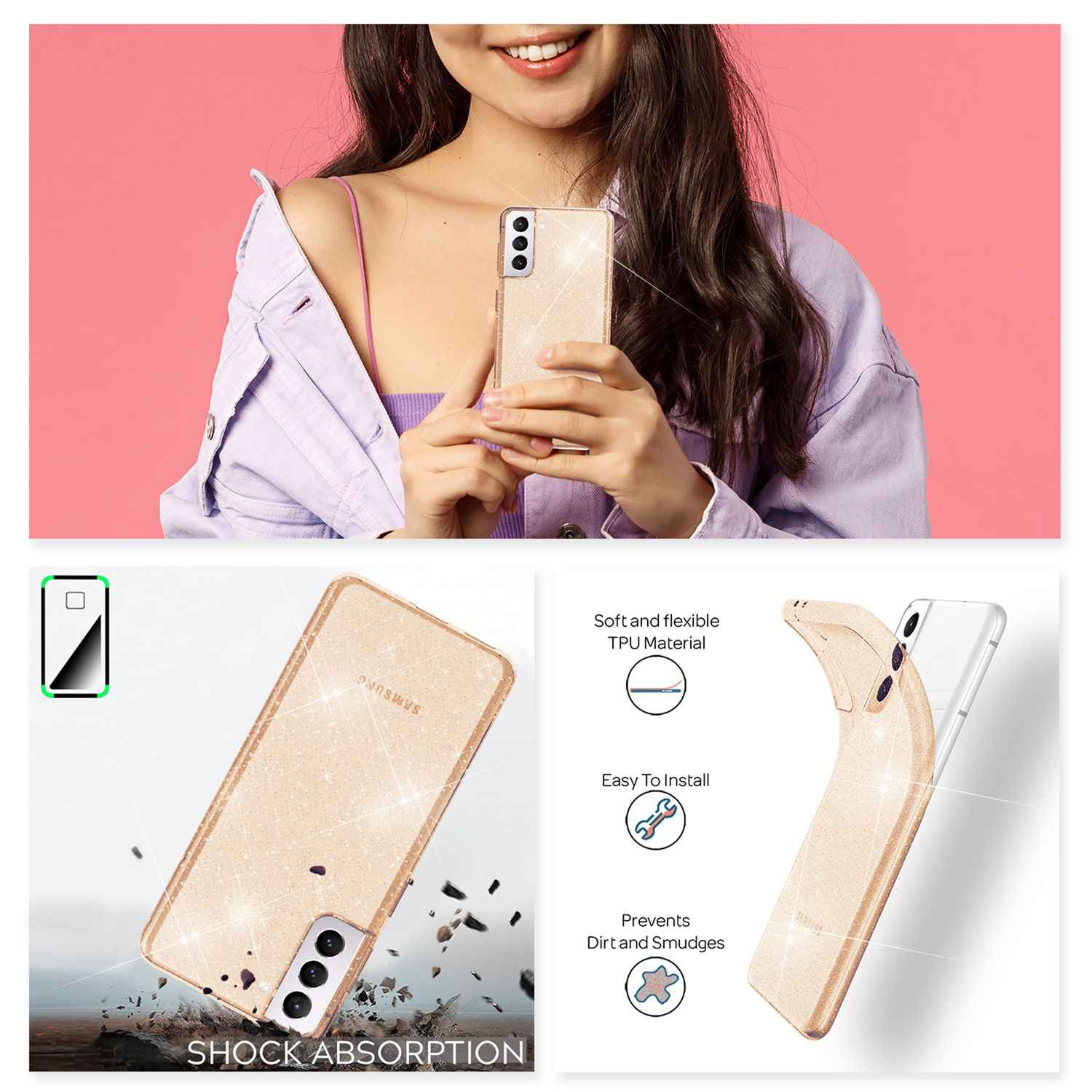 NALIA Klare Glitzerhülle für Samsung Galaxy S22 Plus, Durchsichtig