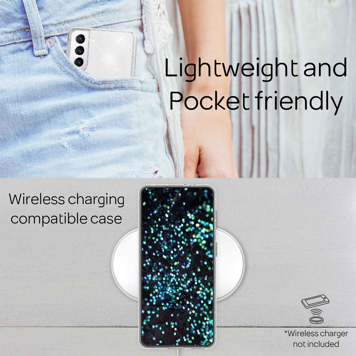 NALIA Klare Glitzerhülle für Samsung Galaxy S22 Plus, Durchsichtig