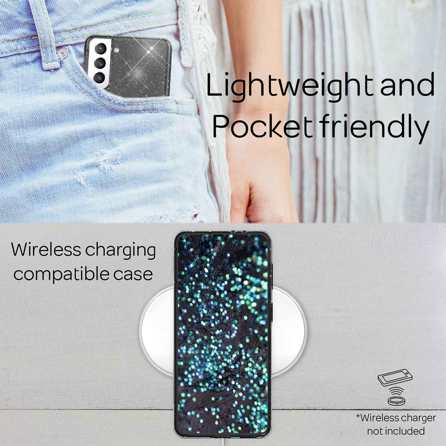 NALIA Klare Glitzerhülle für Samsung Galaxy S22 Plus, Durchsichtig