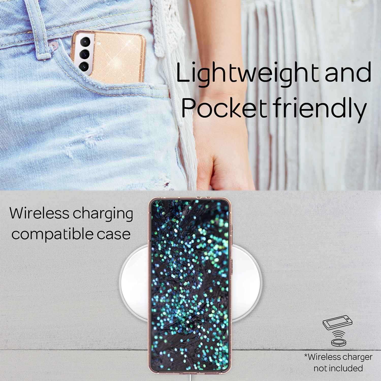 NALIA Klare Glitzerhülle für Samsung Galaxy S22 Plus, Durchsichtig