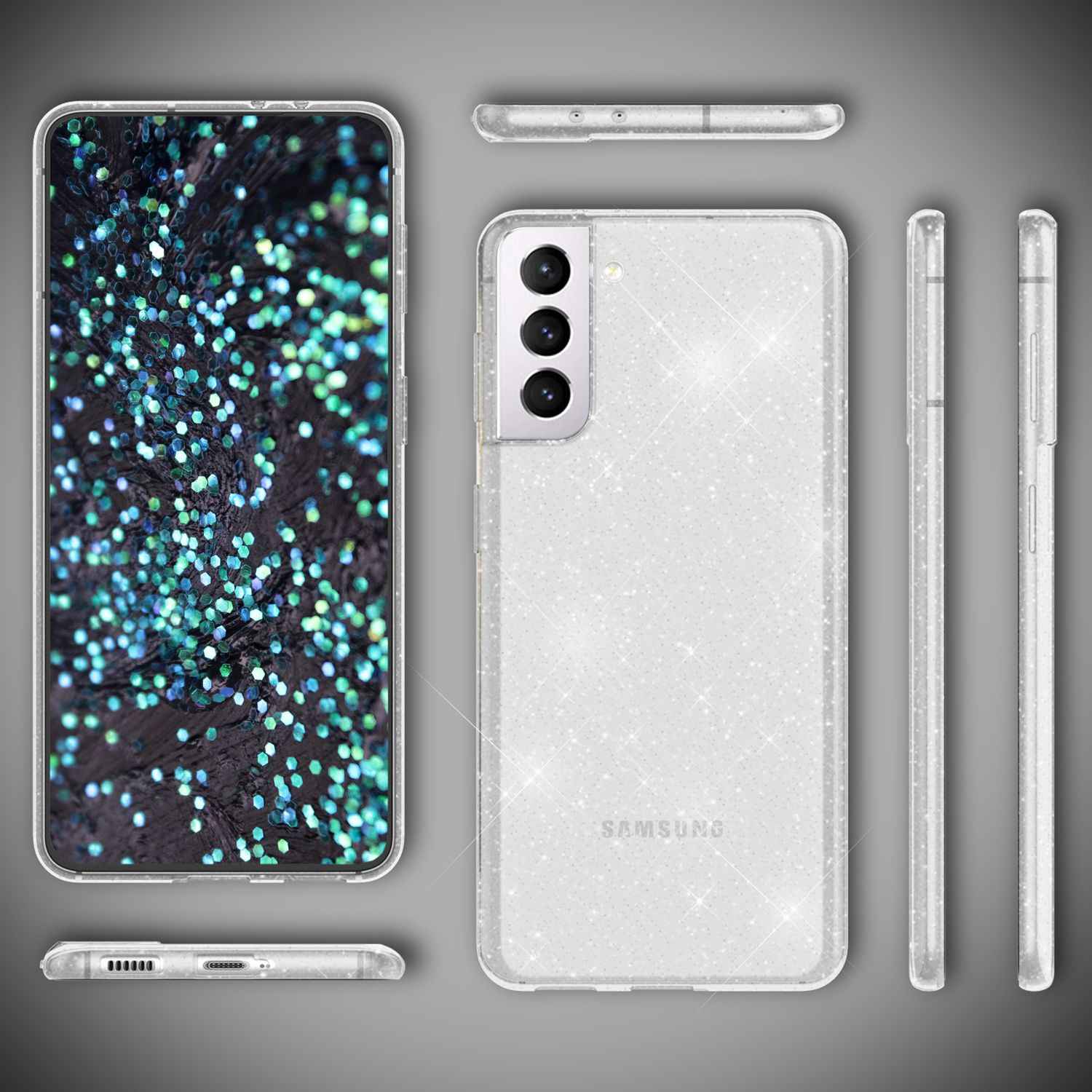 NALIA Klare Glitzerhülle für Samsung Galaxy S22 Plus, Durchsichtig