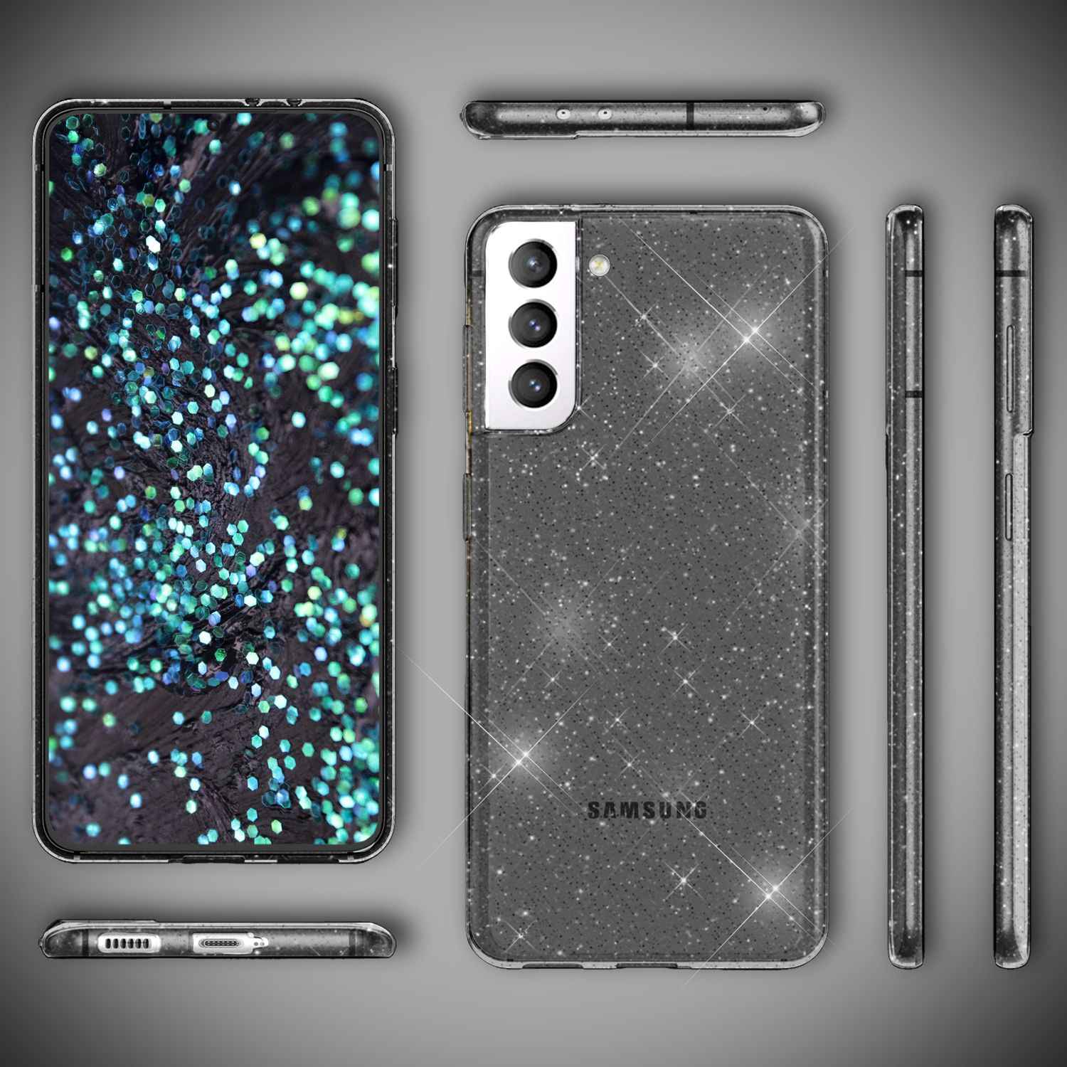 NALIA Klare Glitzerhülle für Samsung Galaxy S22 Plus, Durchsichtig