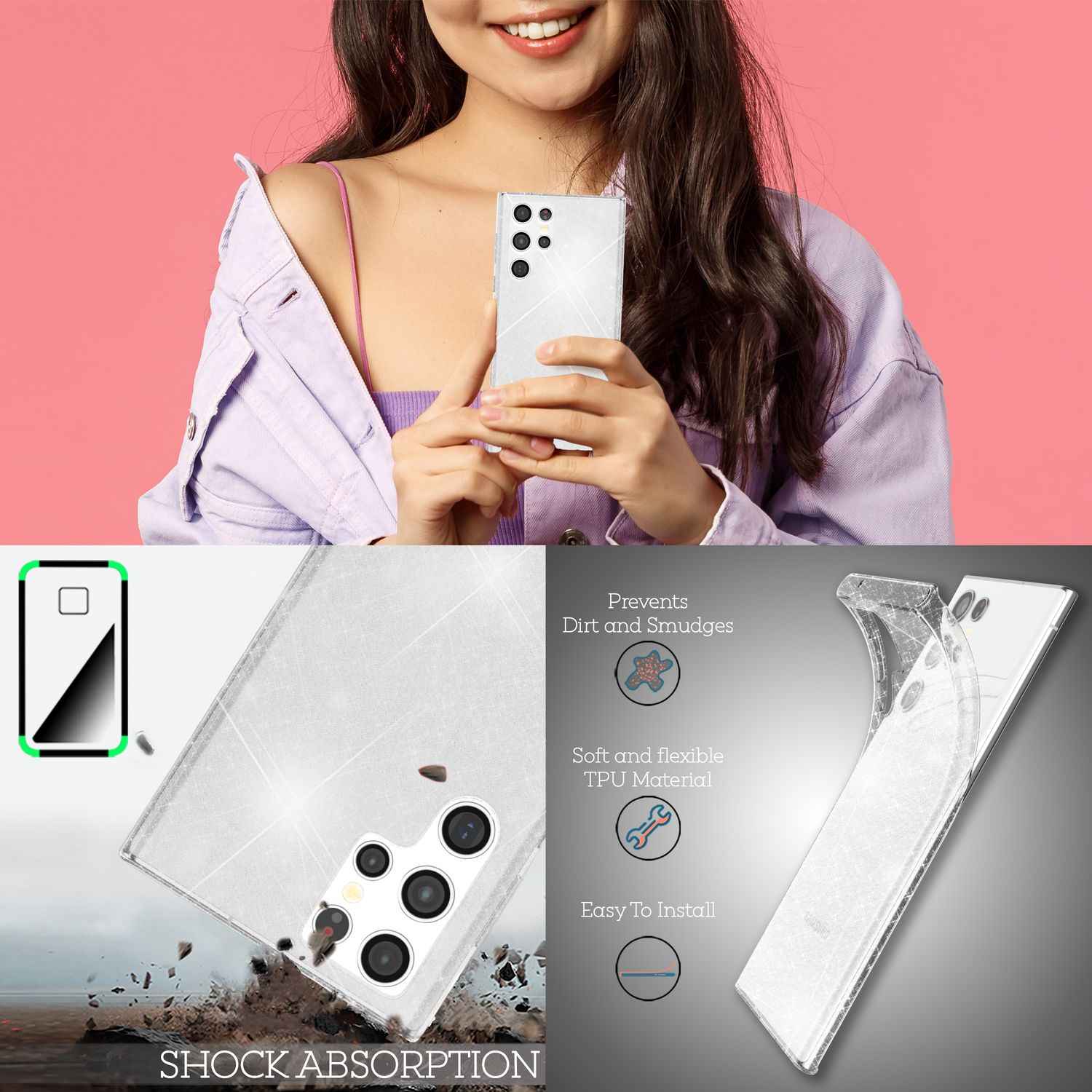 NALIA Klare Glitzerhülle für Samsung Galaxy S22 Ultra, Durchsichtig